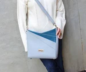 Angular Designer Leather Galloper Gray Blue Handbag