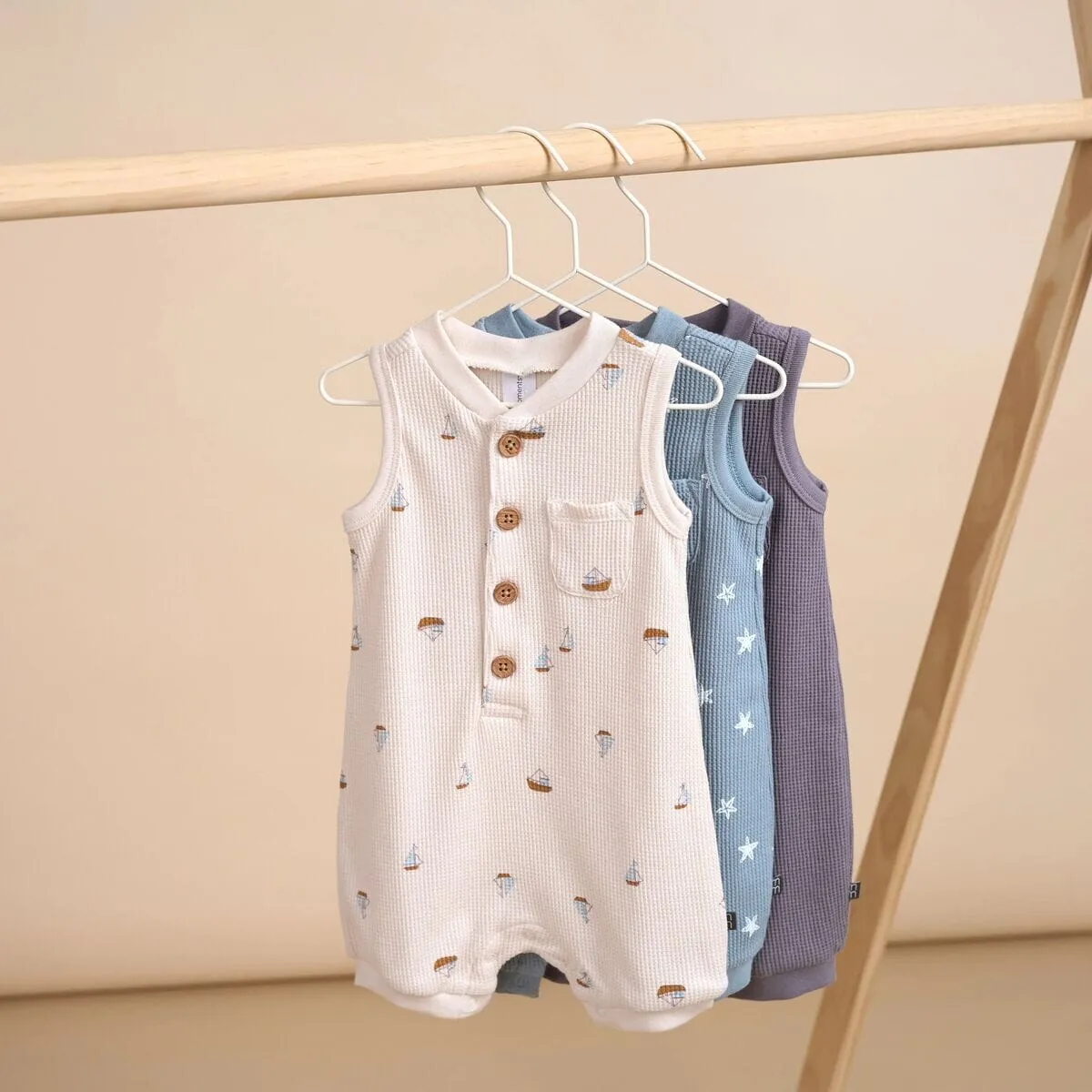 Baby Boys Beige Sailboat Sleeveless Romper