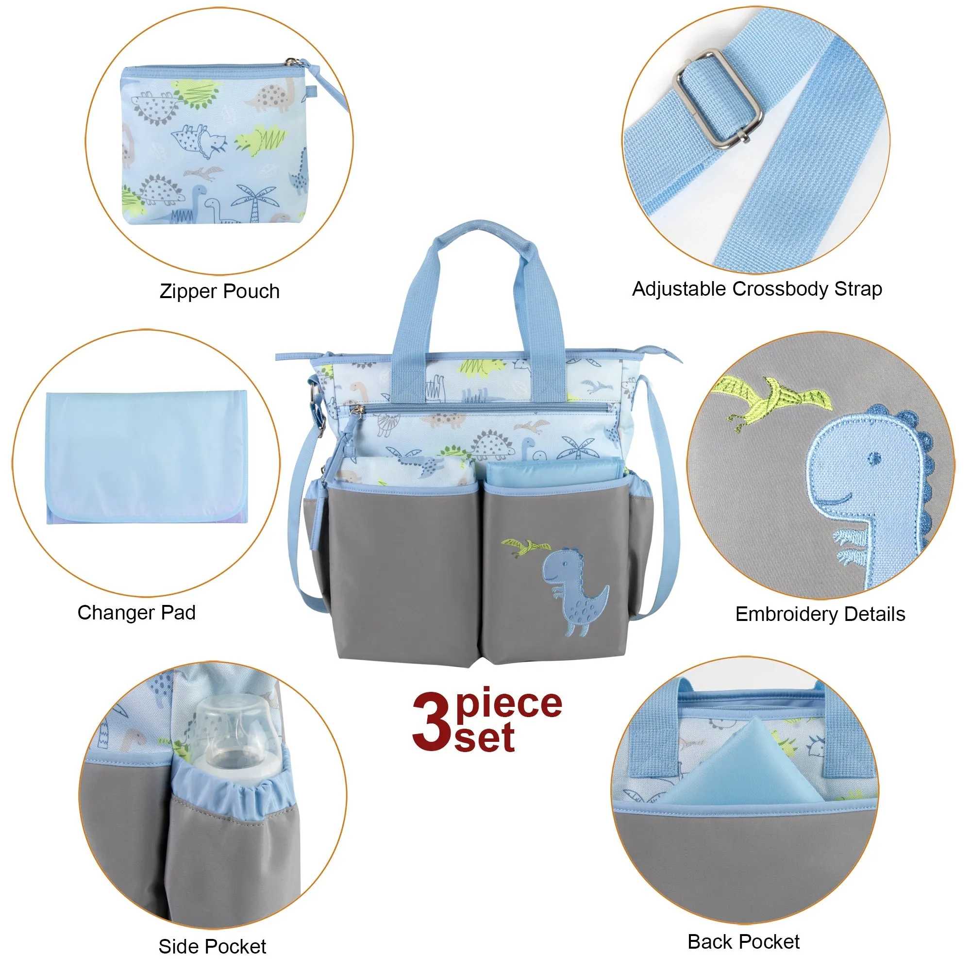 Baby Essentials 3 In 1 Blue Dino Themed Diaper Bag Wholesale