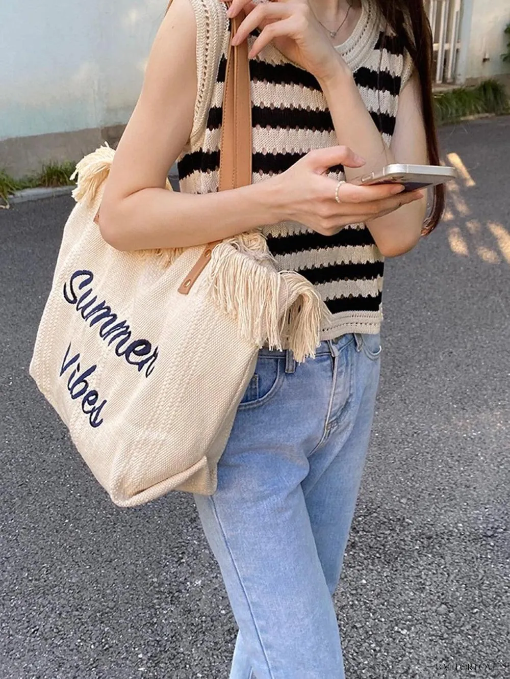 BagForLove - Perfect Companion Large Capacity Letter & Tassel Canvas Tote Bag