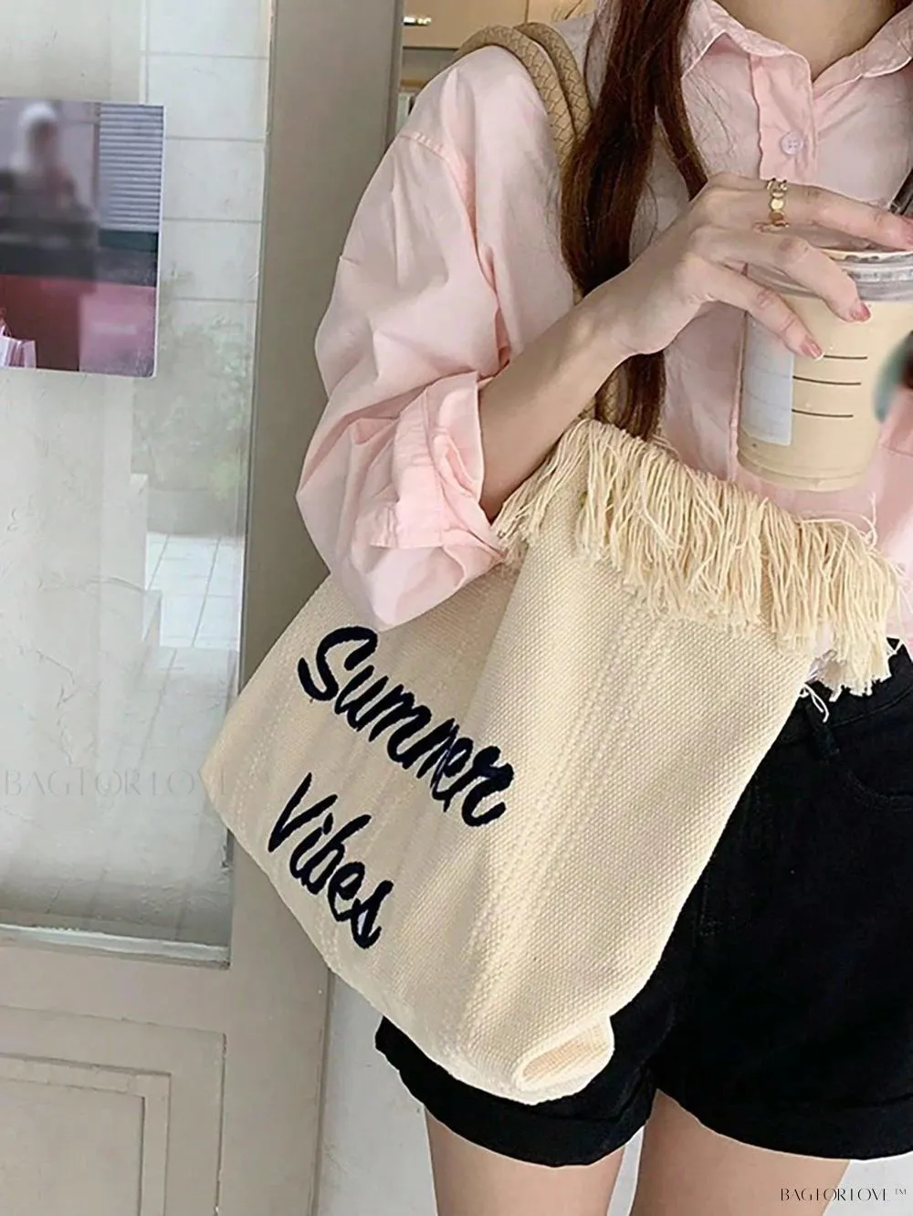 BagForLove - Perfect Companion Large Capacity Letter & Tassel Canvas Tote Bag