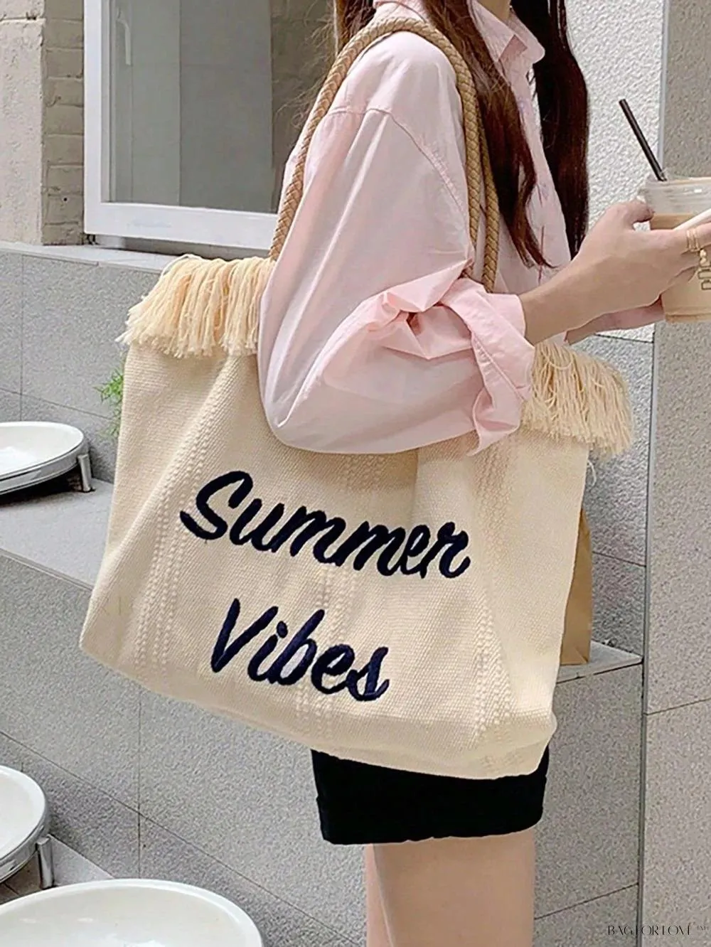 BagForLove - Perfect Companion Large Capacity Letter & Tassel Canvas Tote Bag