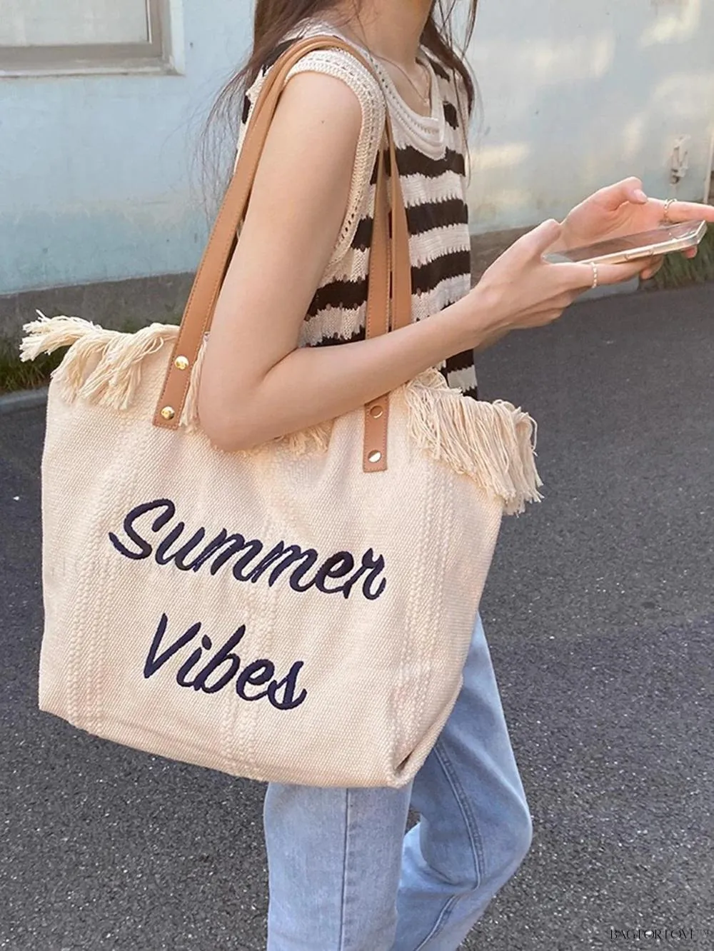 BagForLove - Perfect Companion Large Capacity Letter & Tassel Canvas Tote Bag