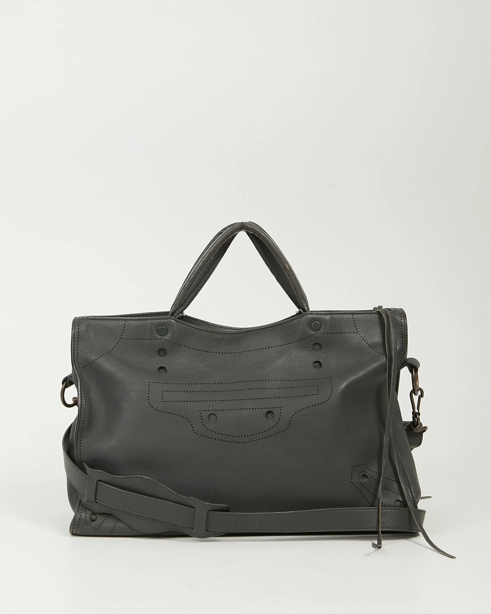 Balenciaga Grey Leather Motocross Blackout City Satchel Bag