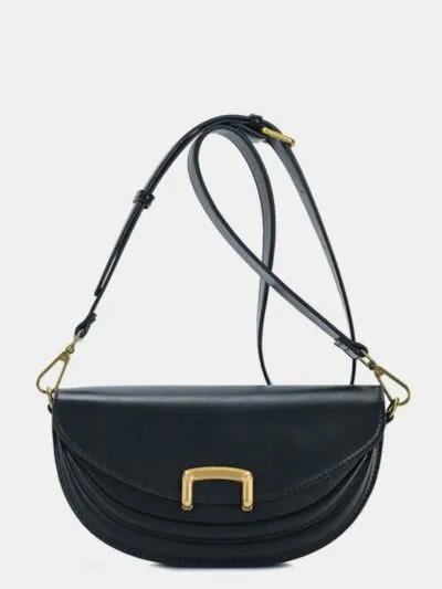 Black Buckle Closure Crescent Faux Leather Crossbody Bag