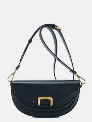 Black Buckle Closure Crescent Faux Leather Crossbody Bag