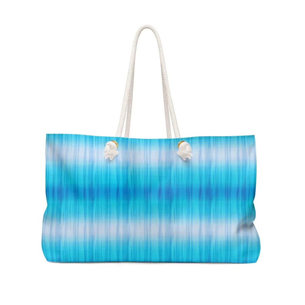 Blue and White Tie Dye Style Pattern Boho Weekender Bag For Shopping, Traveling, Oversized Tote With Rope Handles