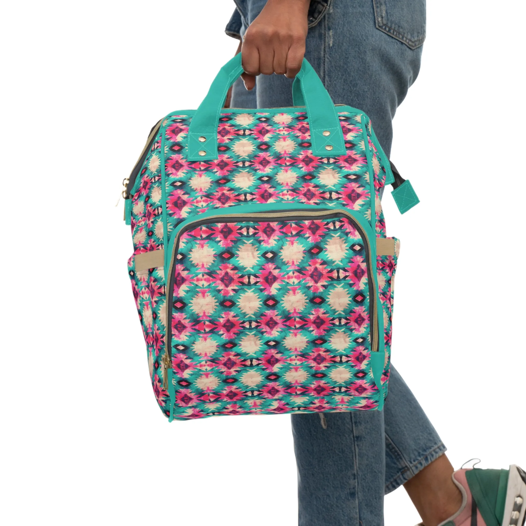 Boho-Chic Aztec Diaper Backpack - Multifunctional & Durable Nylon Changing Bag with Tribal Patterns, Spacious & Organized for Modern Parents