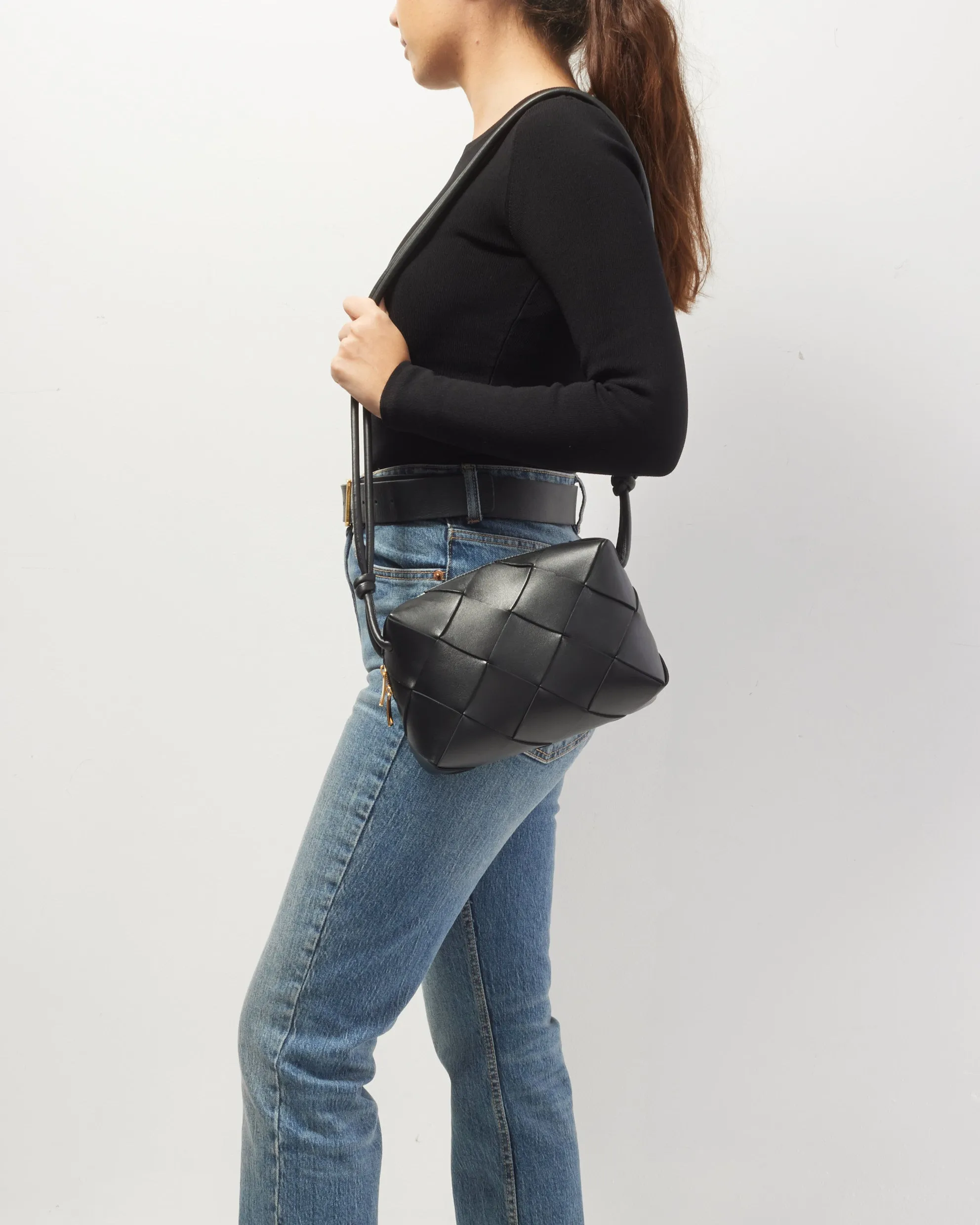 Bottega Veneta Black Intrecciato Leather Small Cassette Camera Bag