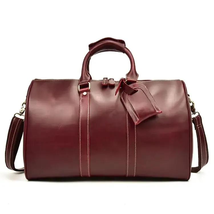 Brand Name Luxury Designer Genuine Leather Mens Travel Bag Wine Red Smooth Natural Cowskin Duffle Bag For Male 2019 Latest Style