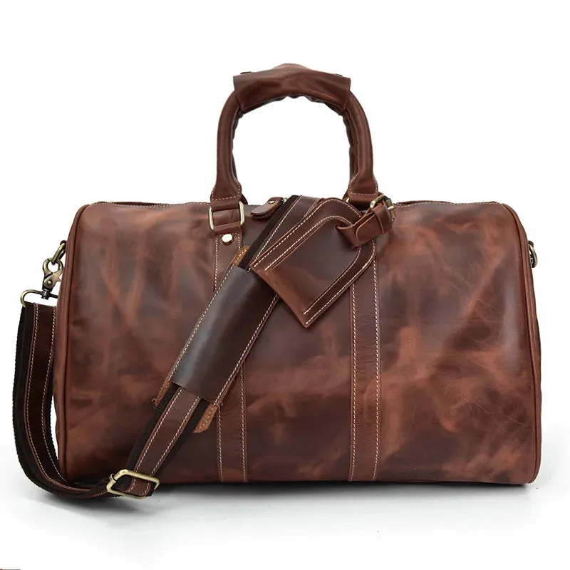 Brand Name Luxury Designer Genuine Leather Mens Travel Bag Wine Red Smooth Natural Cowskin Duffle Bag For Male 2019 Latest Style