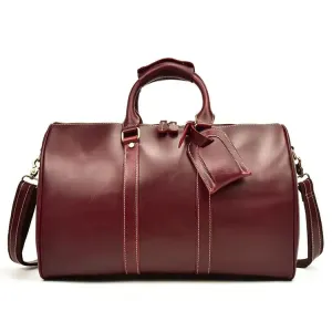 Brand Name Luxury Designer Genuine Leather Mens Travel Bag Wine Red Smooth Natural Cowskin Duffle Bag For Male 2019 Latest Style