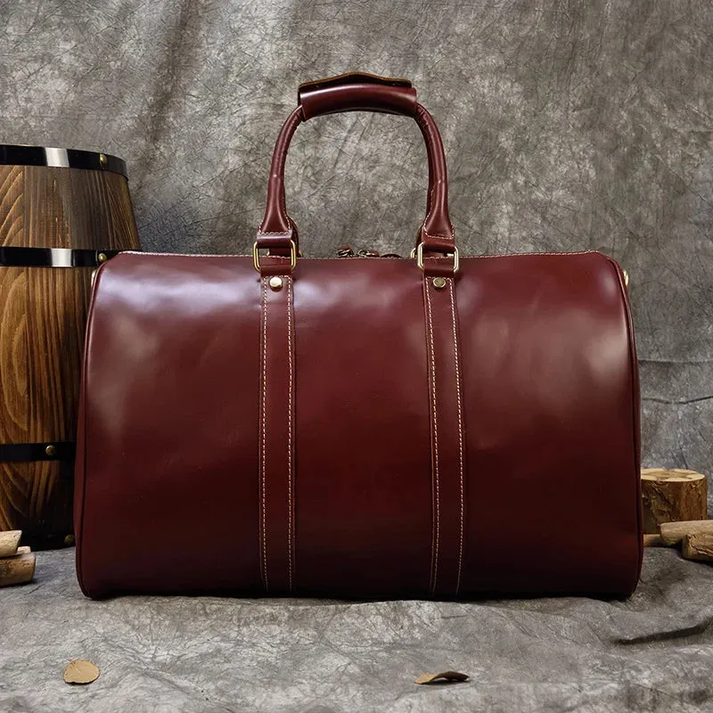 Brand Name Luxury Designer Genuine Leather Mens Travel Bag Wine Red Smooth Natural Cowskin Duffle Bag For Male 2019 Latest Style