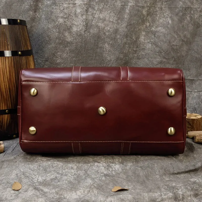 Brand Name Luxury Designer Genuine Leather Mens Travel Bag Wine Red Smooth Natural Cowskin Duffle Bag For Male 2019 Latest Style