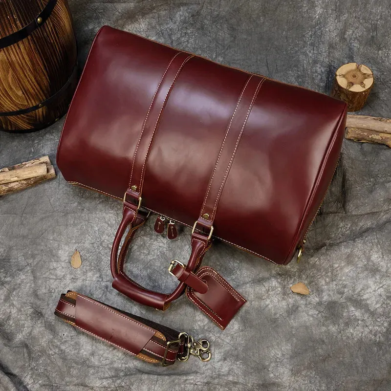 Brand Name Luxury Designer Genuine Leather Mens Travel Bag Wine Red Smooth Natural Cowskin Duffle Bag For Male 2019 Latest Style