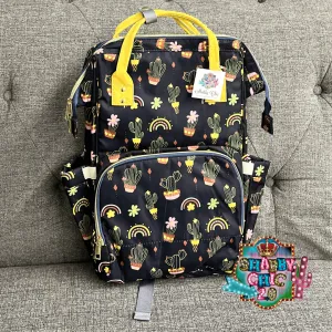 Cactus and Rainbows Black Print Diaper Bag Backpack