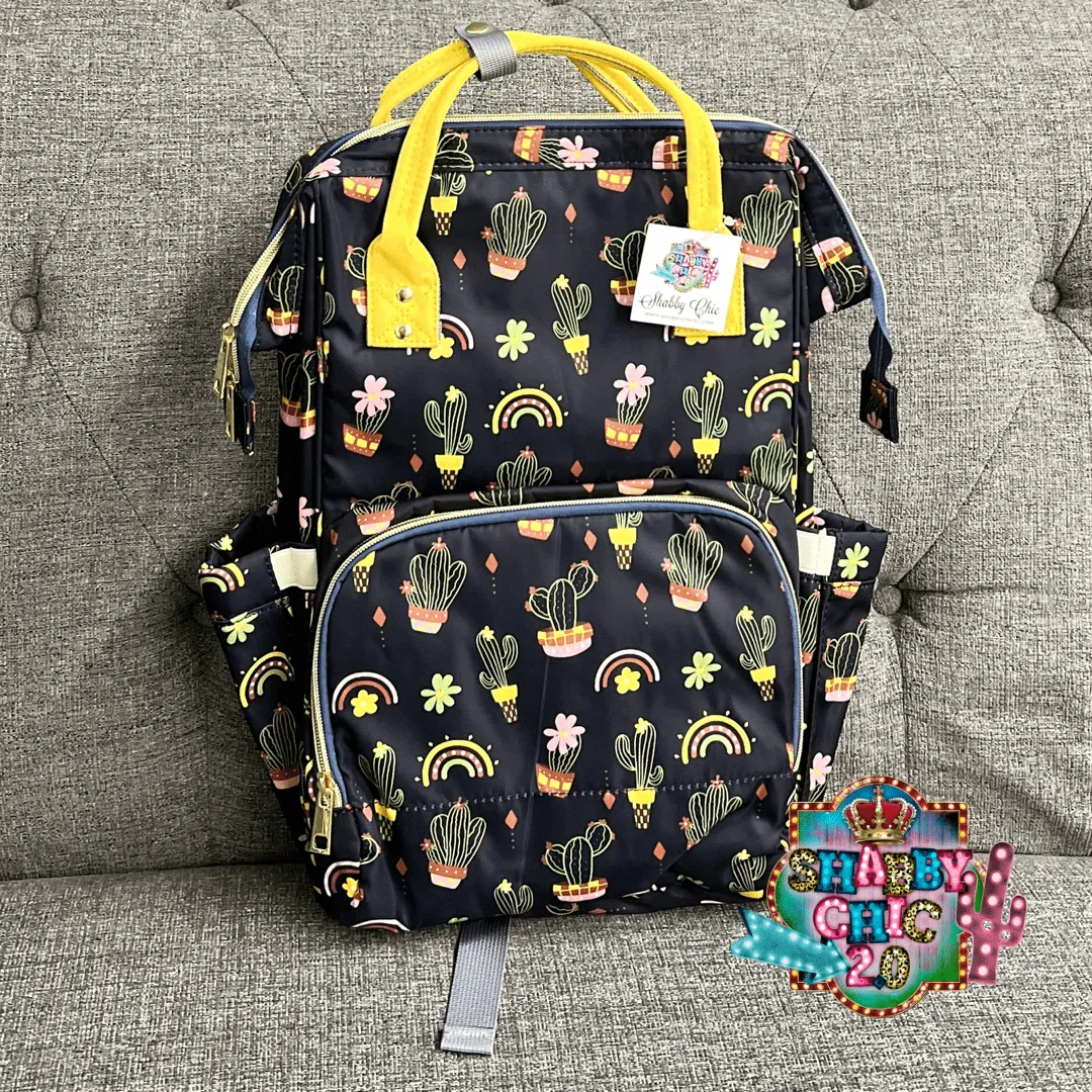 Cactus and Rainbows Black Print Diaper Bag Backpack