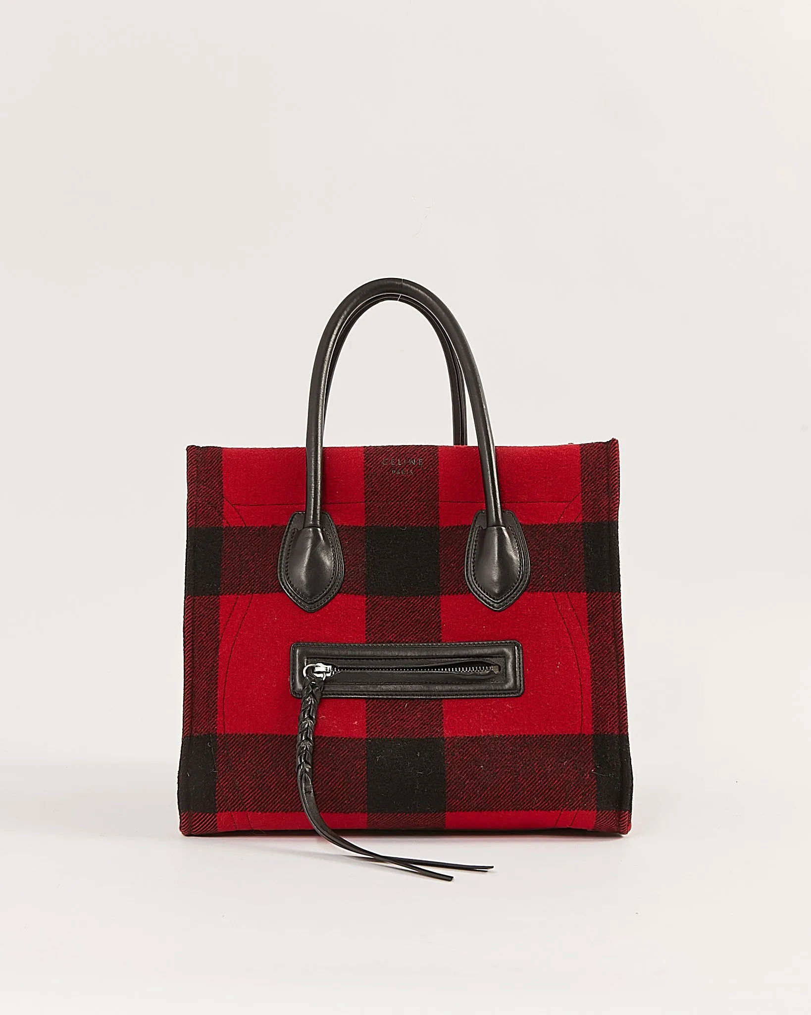 Celine Black/Red Checkered Felt Medium Luggage Phantom Tote Bag