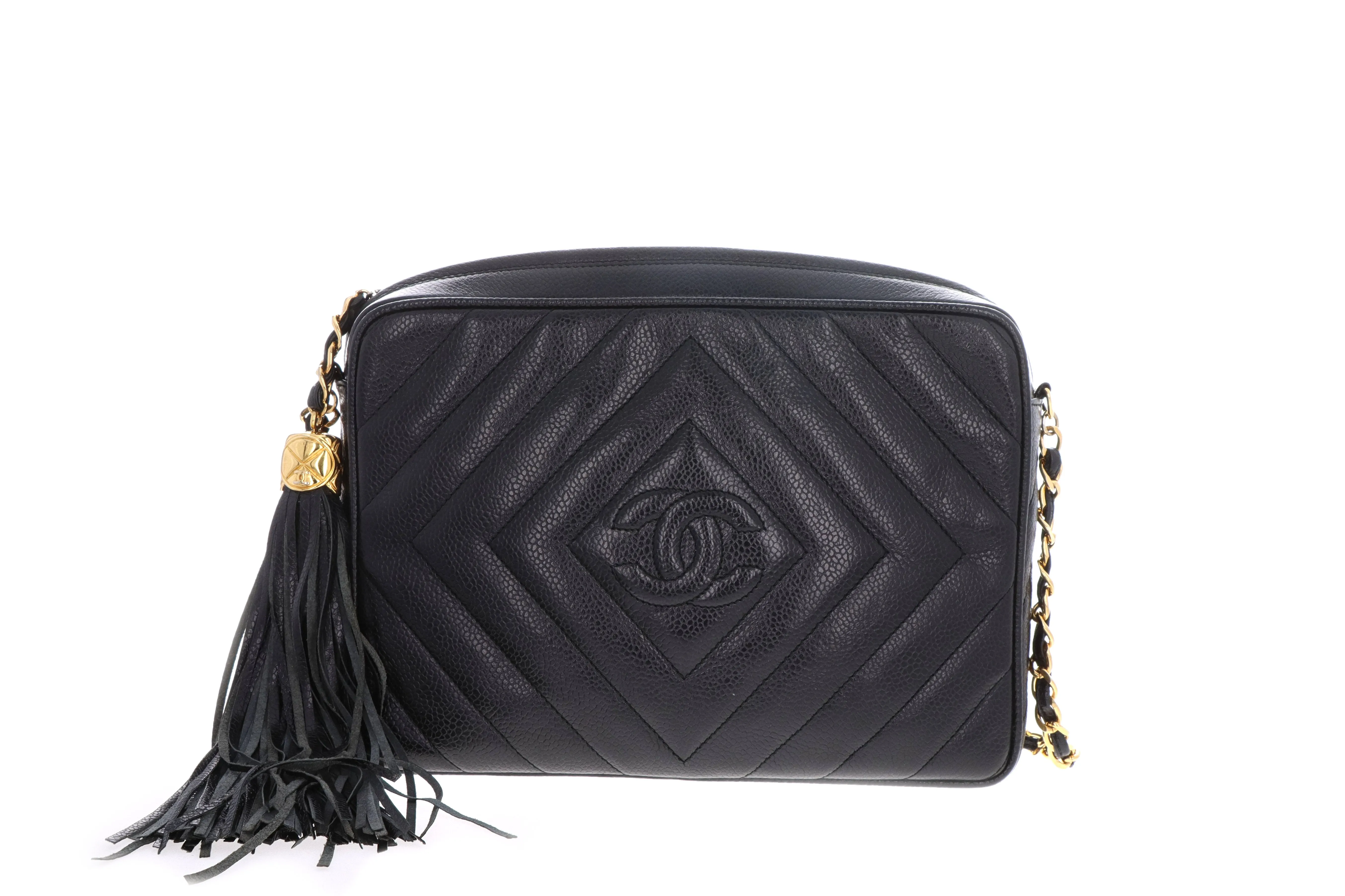 Chanel Black Caviar Chevron Quilted Classic Camera Bag W/ Tassel