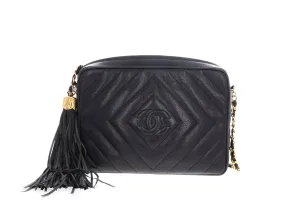 Chanel Black Caviar Chevron Quilted Classic Camera Bag W/ Tassel