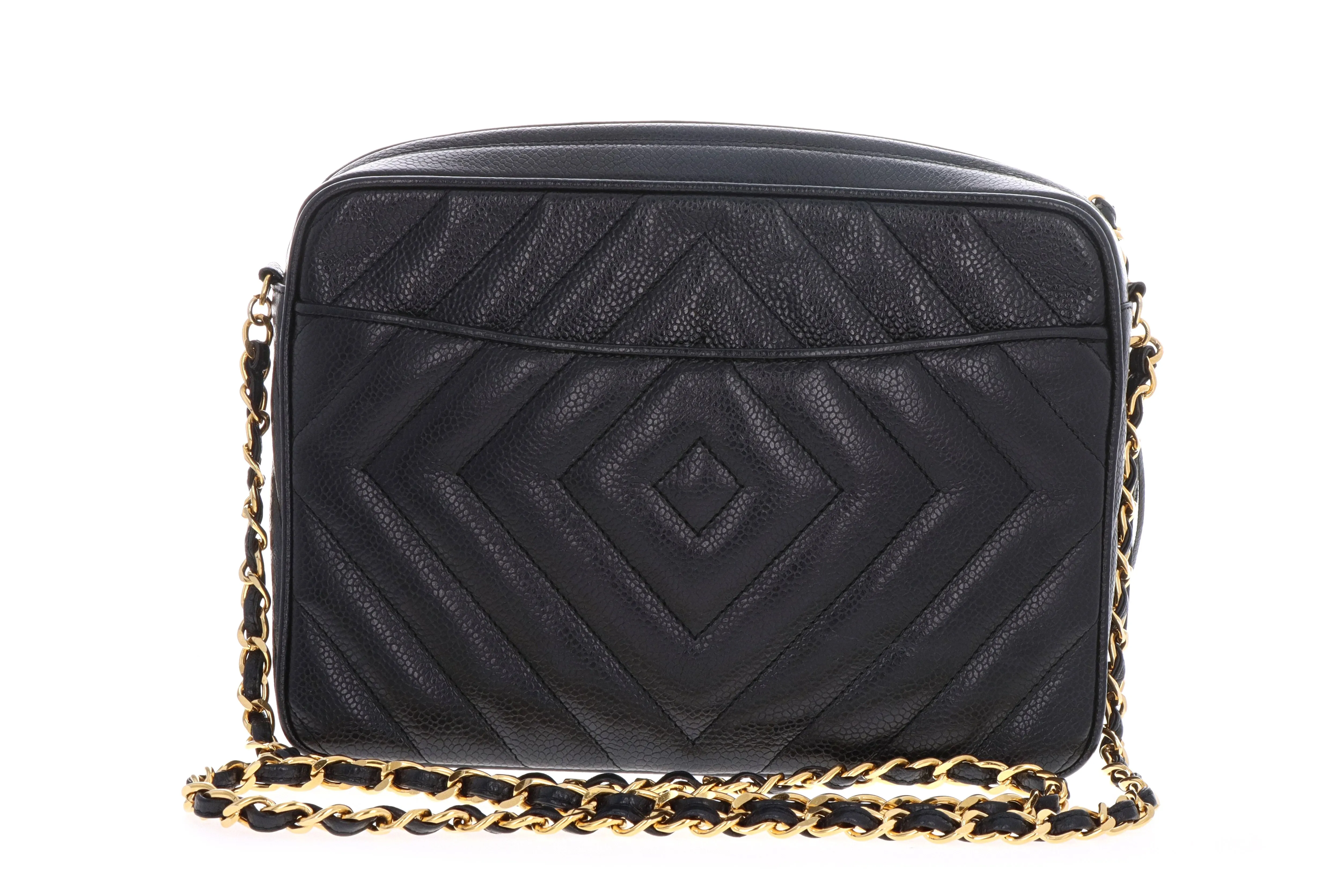 Chanel Black Caviar Chevron Quilted Classic Camera Bag W/ Tassel