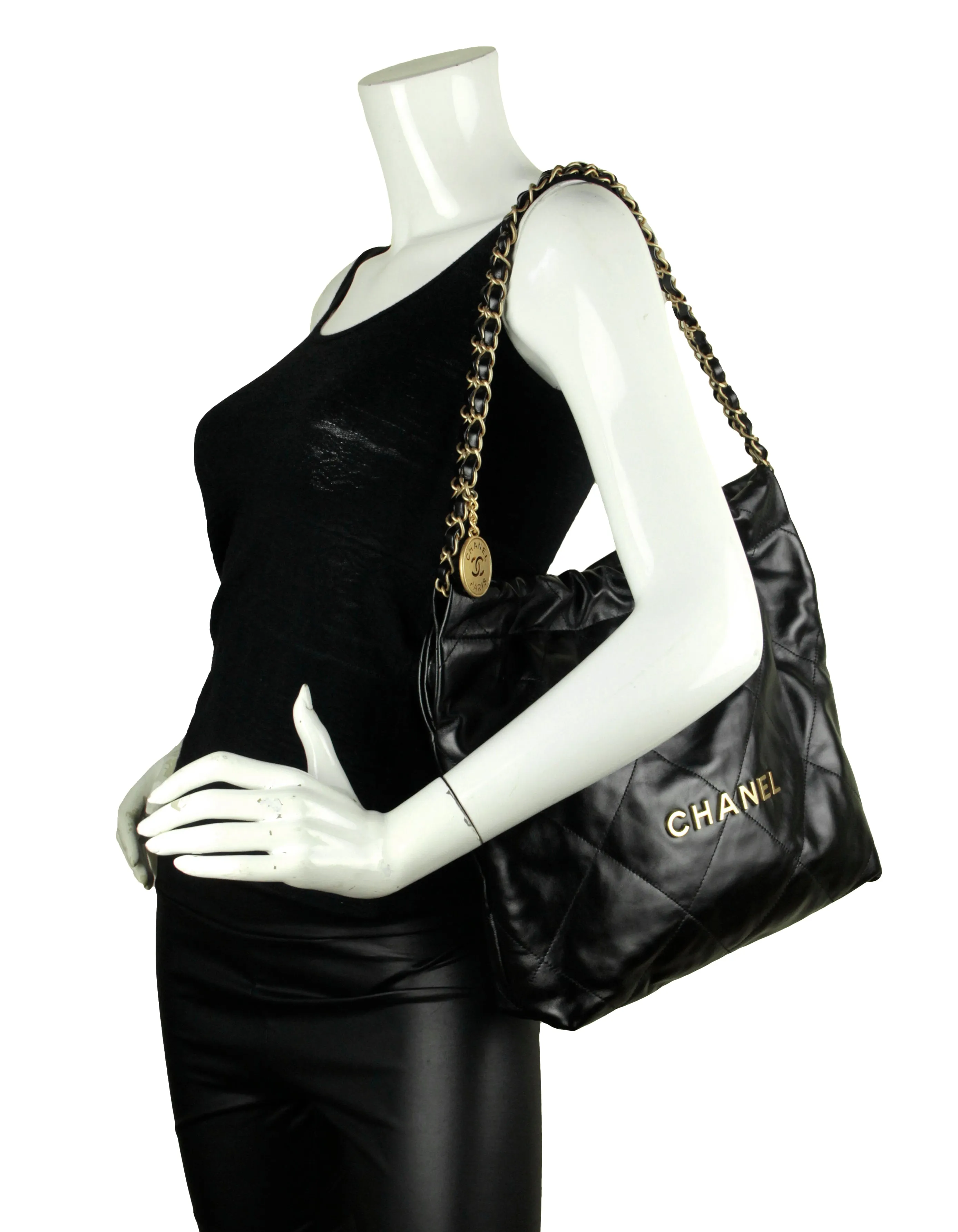 Chanel Black Shiny Calfskin Quilted Small Chanel 22 Tote Bag