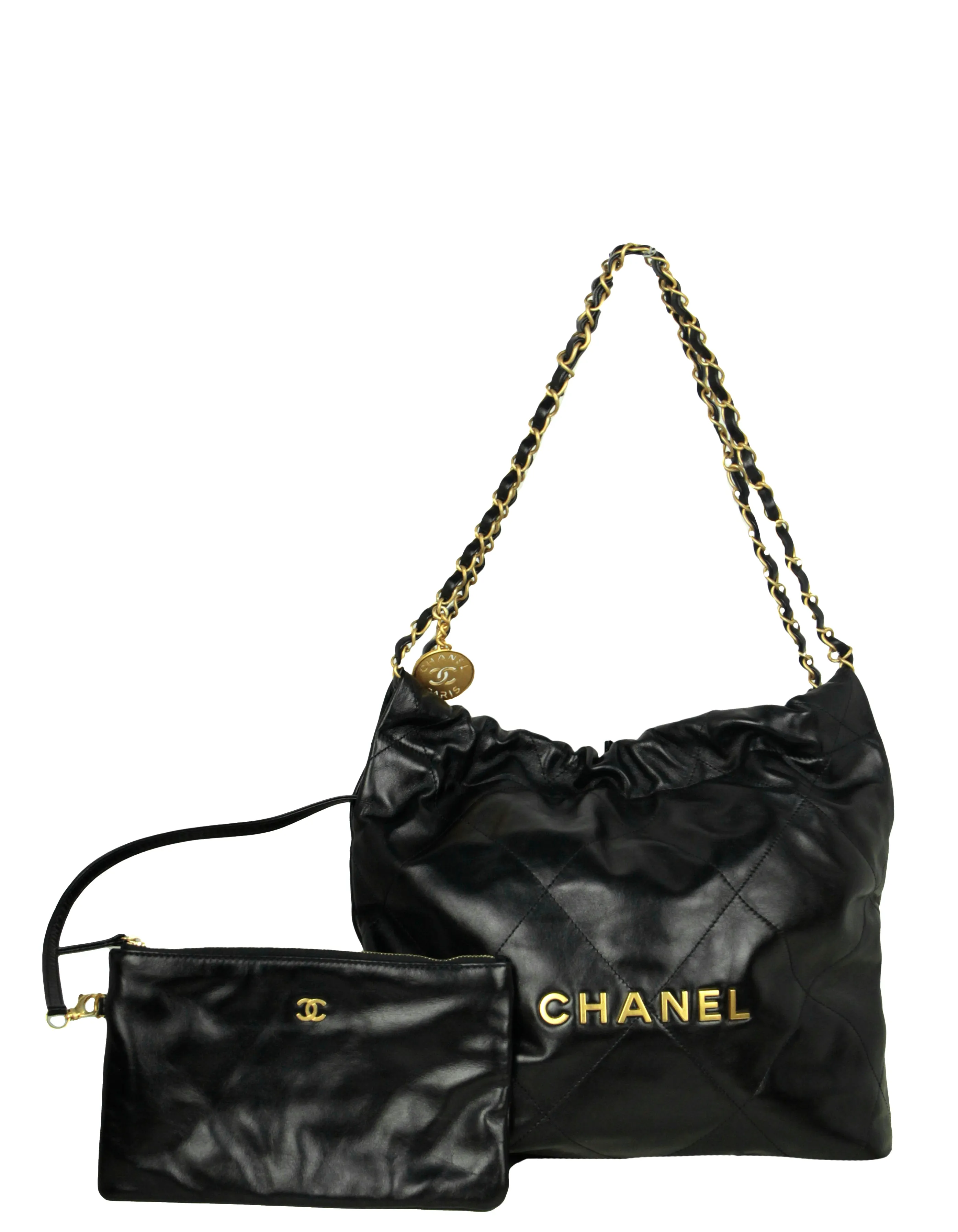 Chanel Black Shiny Calfskin Quilted Small Chanel 22 Tote Bag