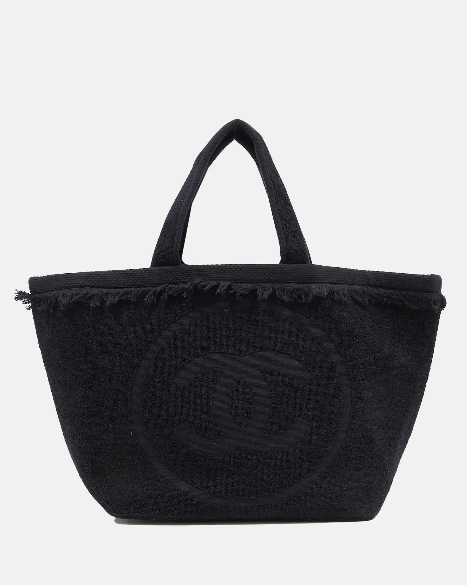 Chanel Black Terry Fringe CC Logo Beach Tote Bag
