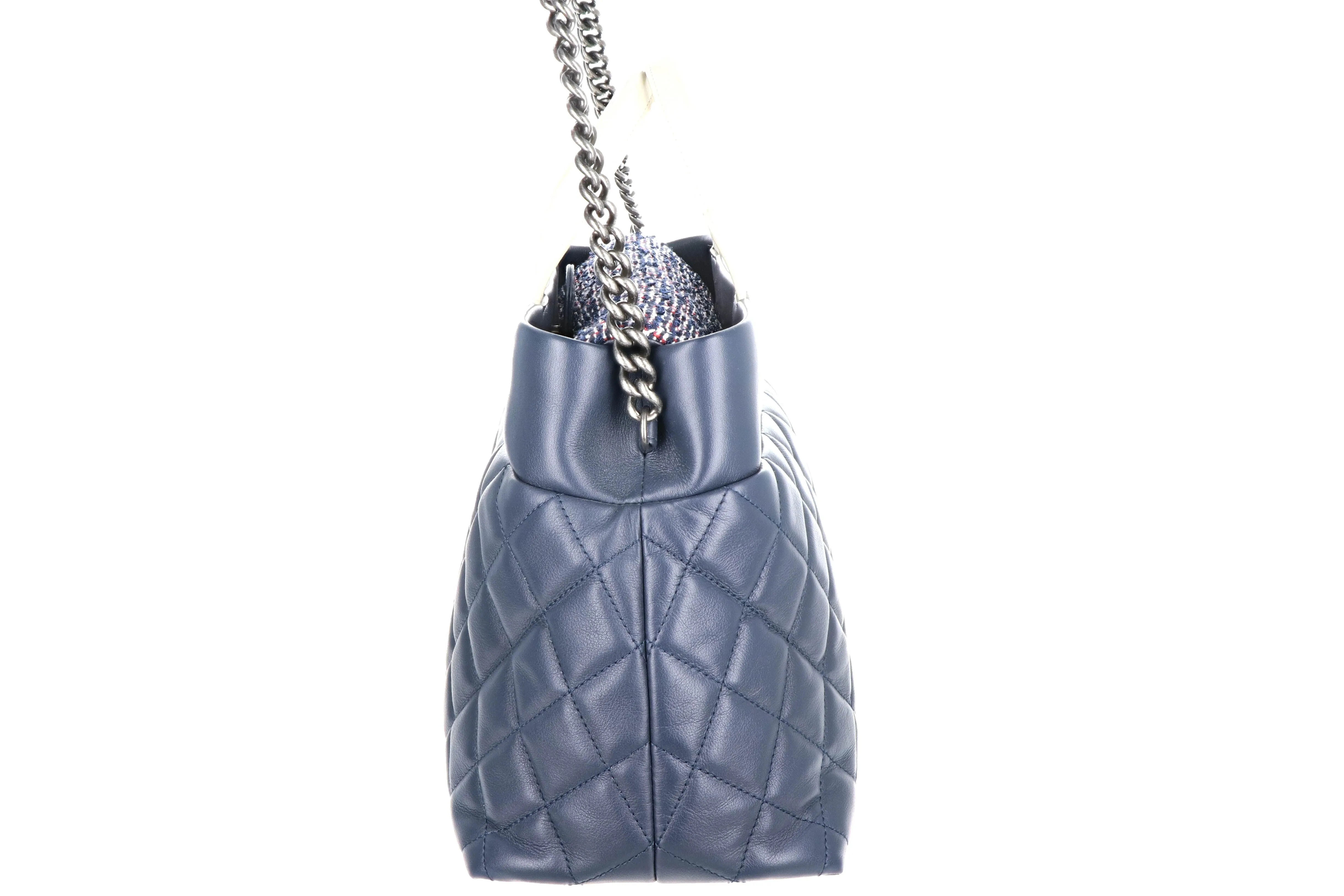 Chanel Blue Matelasse Hand 2Way Should Bag Leather Tweed