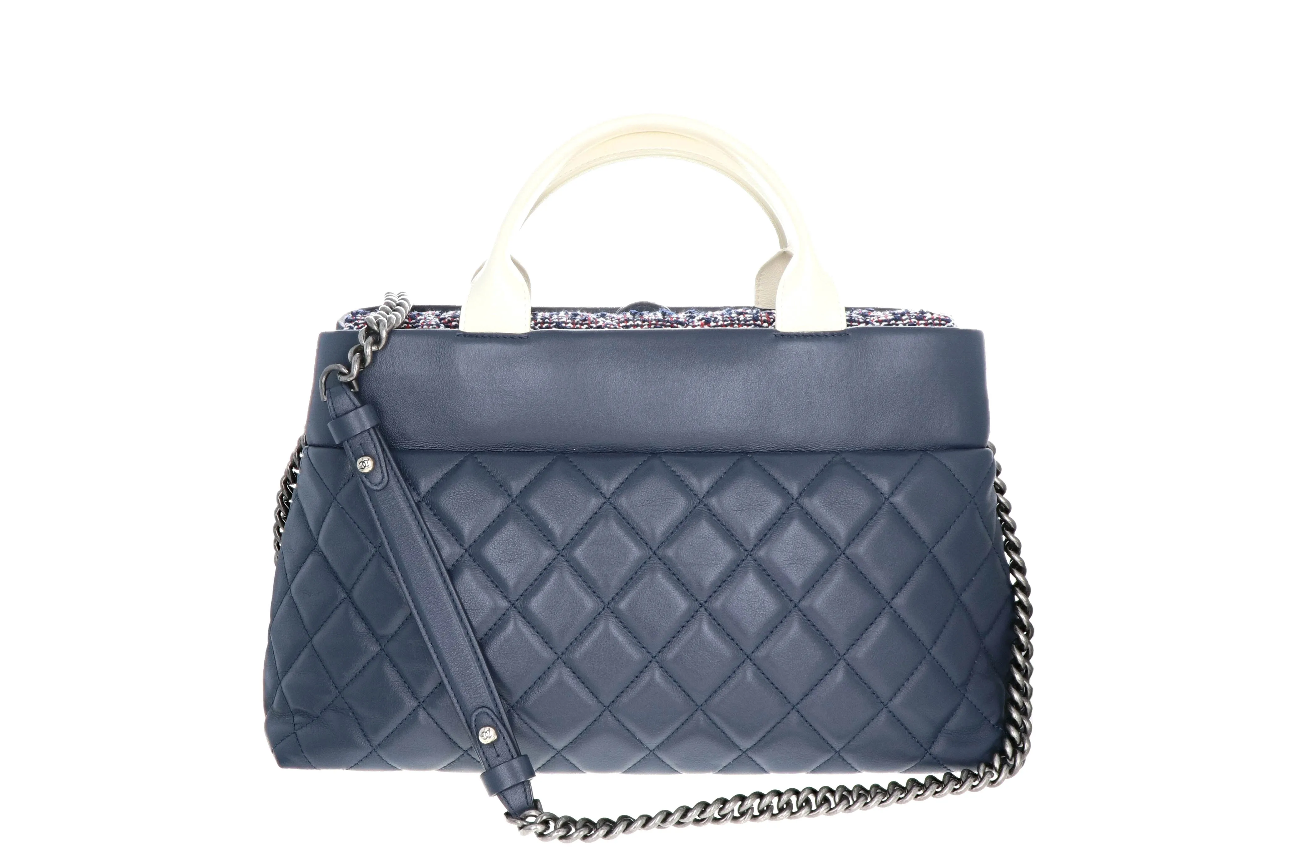 Chanel Blue Matelasse Hand 2Way Should Bag Leather Tweed