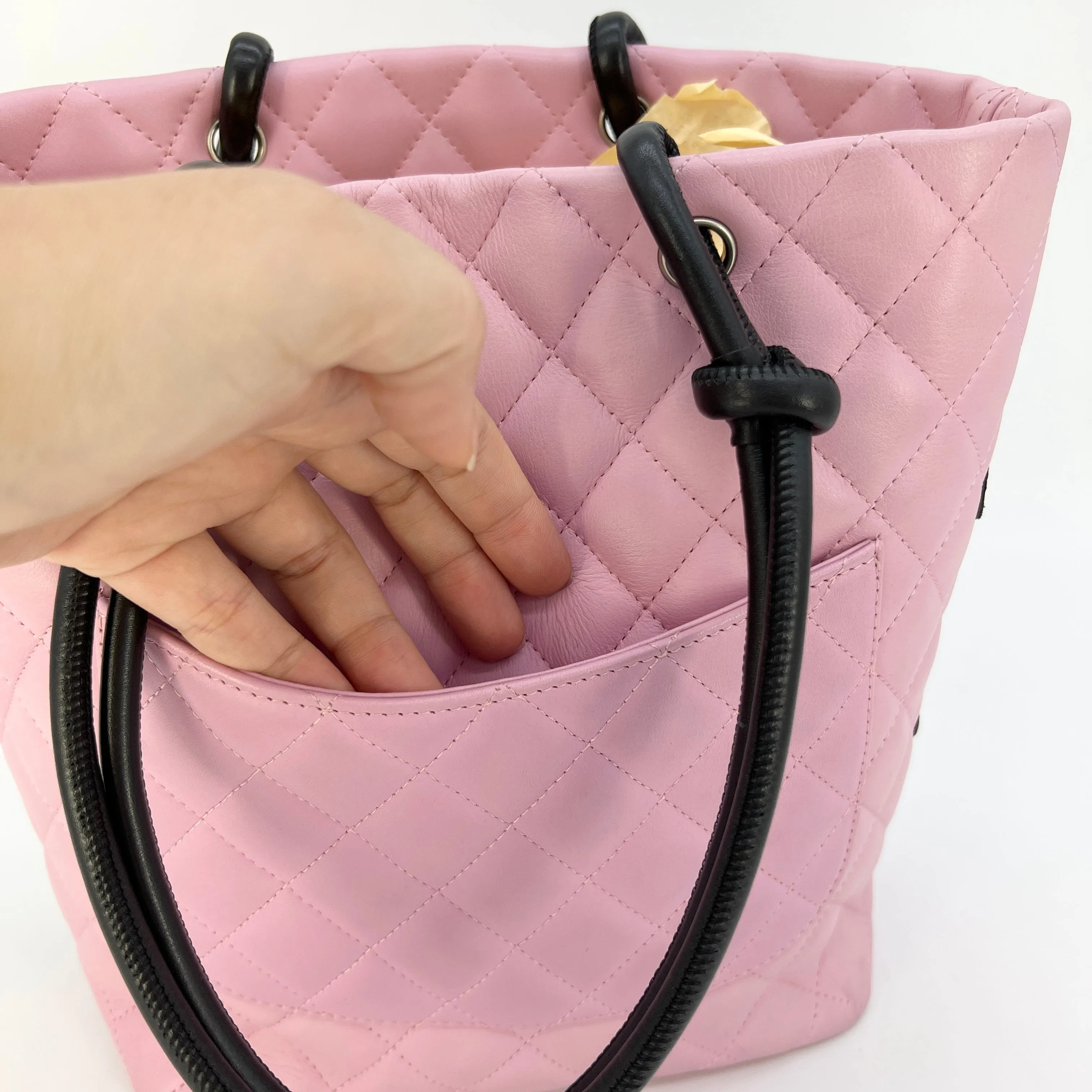 CHANEL Calfskin Quilted Medium Cambon Tote Pink Black [Guaranteed Authentic]