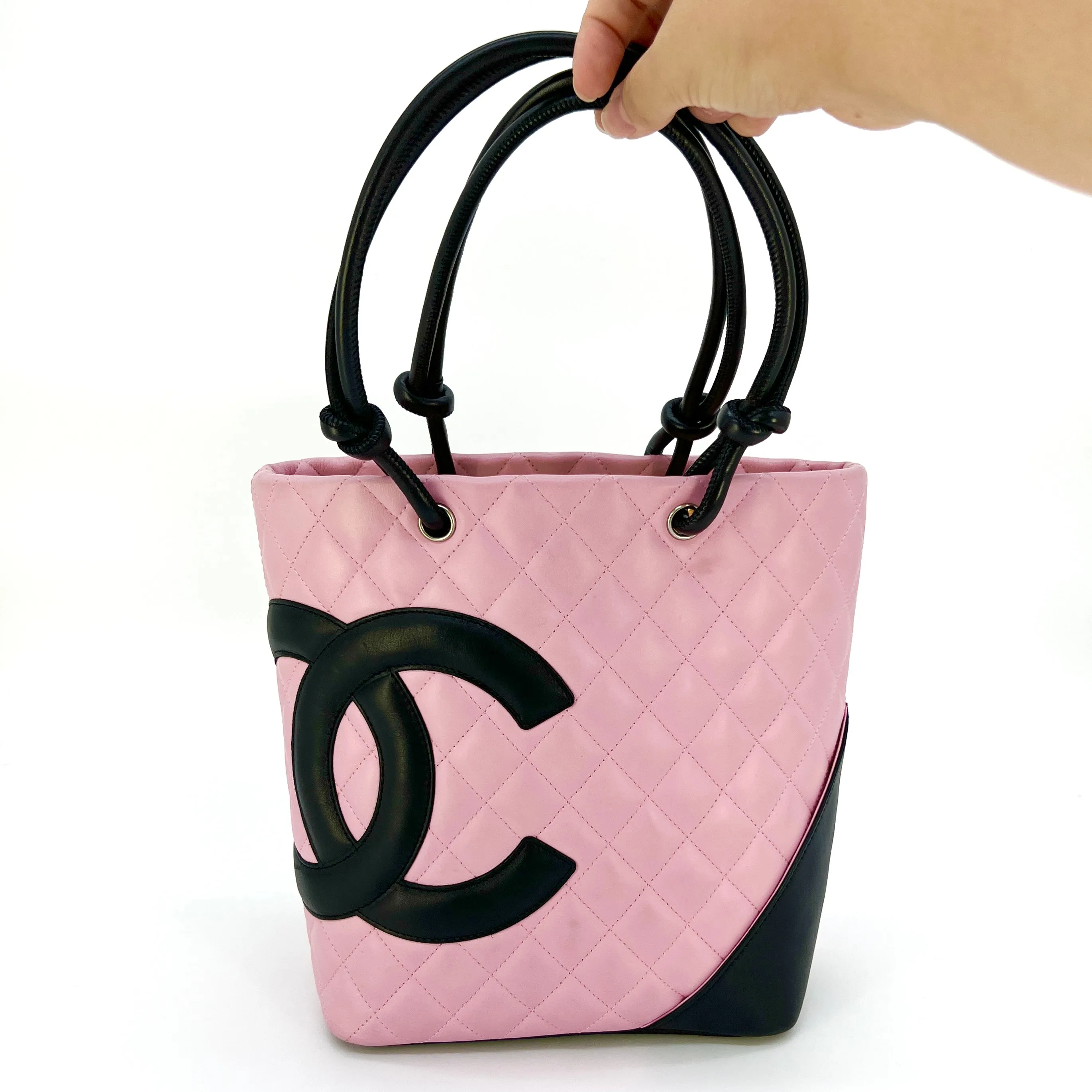 CHANEL Calfskin Quilted Medium Cambon Tote Pink Black [Guaranteed Authentic]