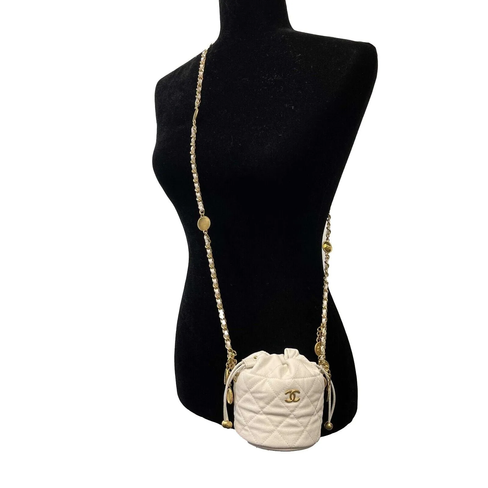 CHANEL - NEW Mini Bucket Bag - White Cavier Leather / God 10 Coins CC Crossbody