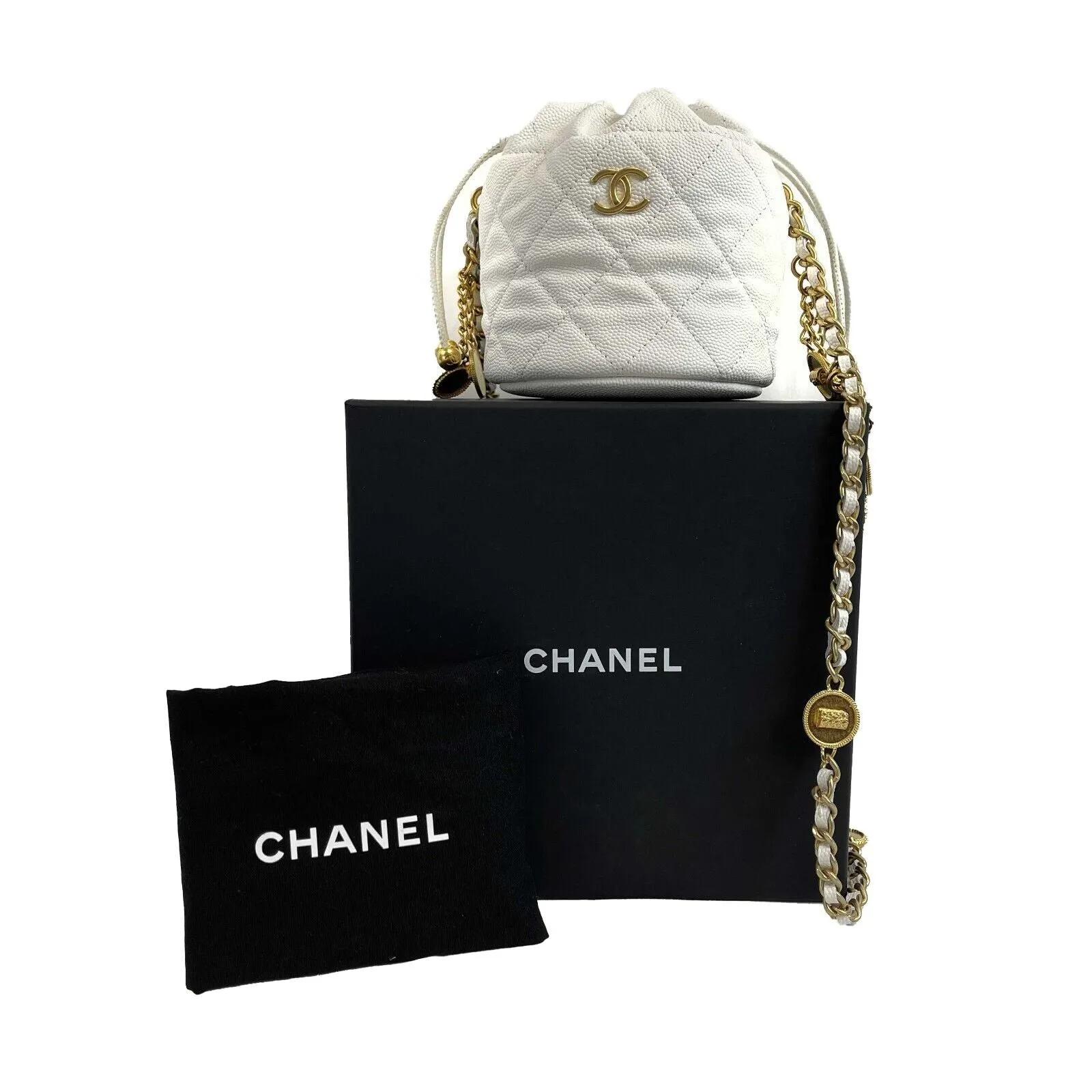 CHANEL - NEW Mini Bucket Bag - White Cavier Leather / God 10 Coins CC Crossbody