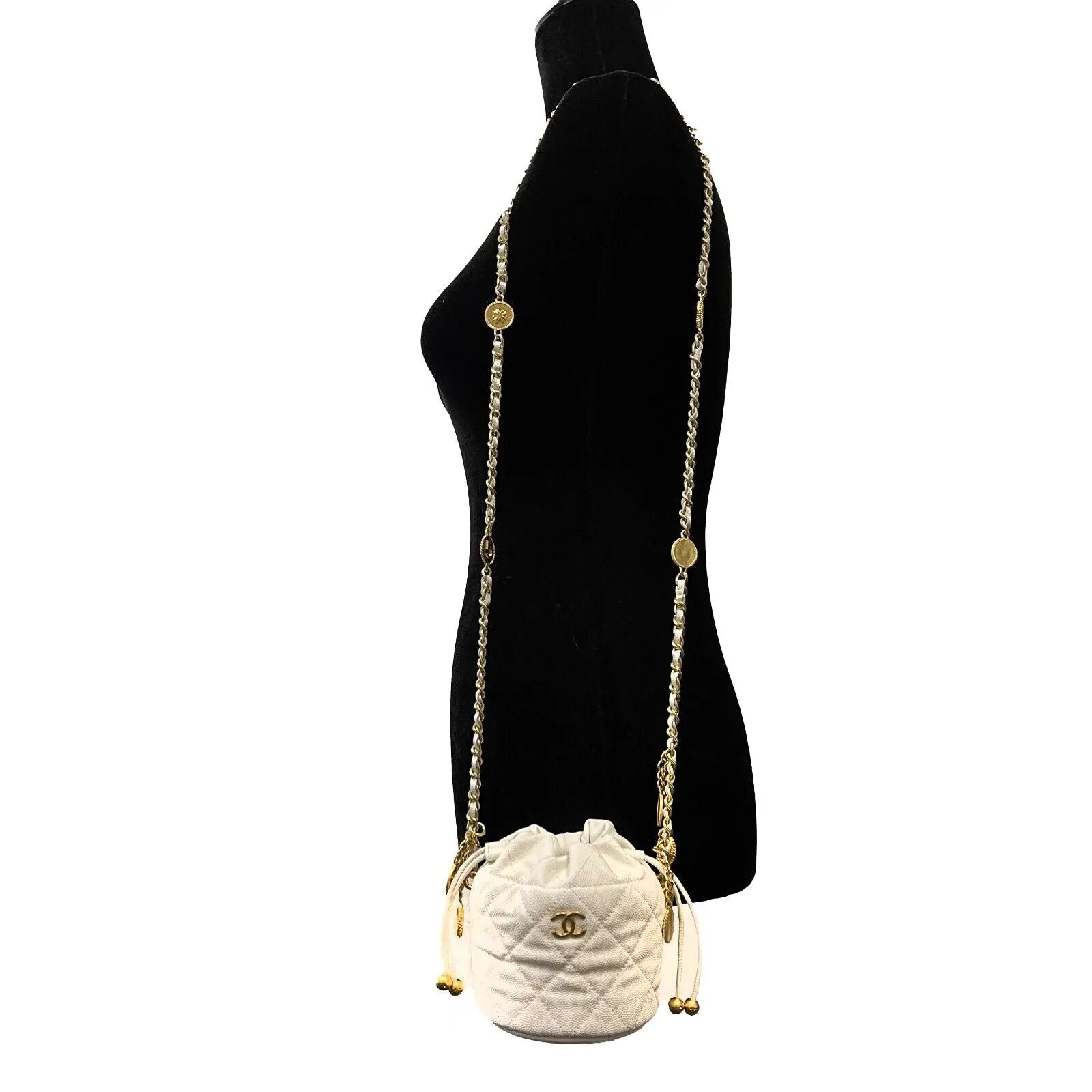 CHANEL - NEW Mini Bucket Bag - White Cavier Leather / God 10 Coins CC Crossbody