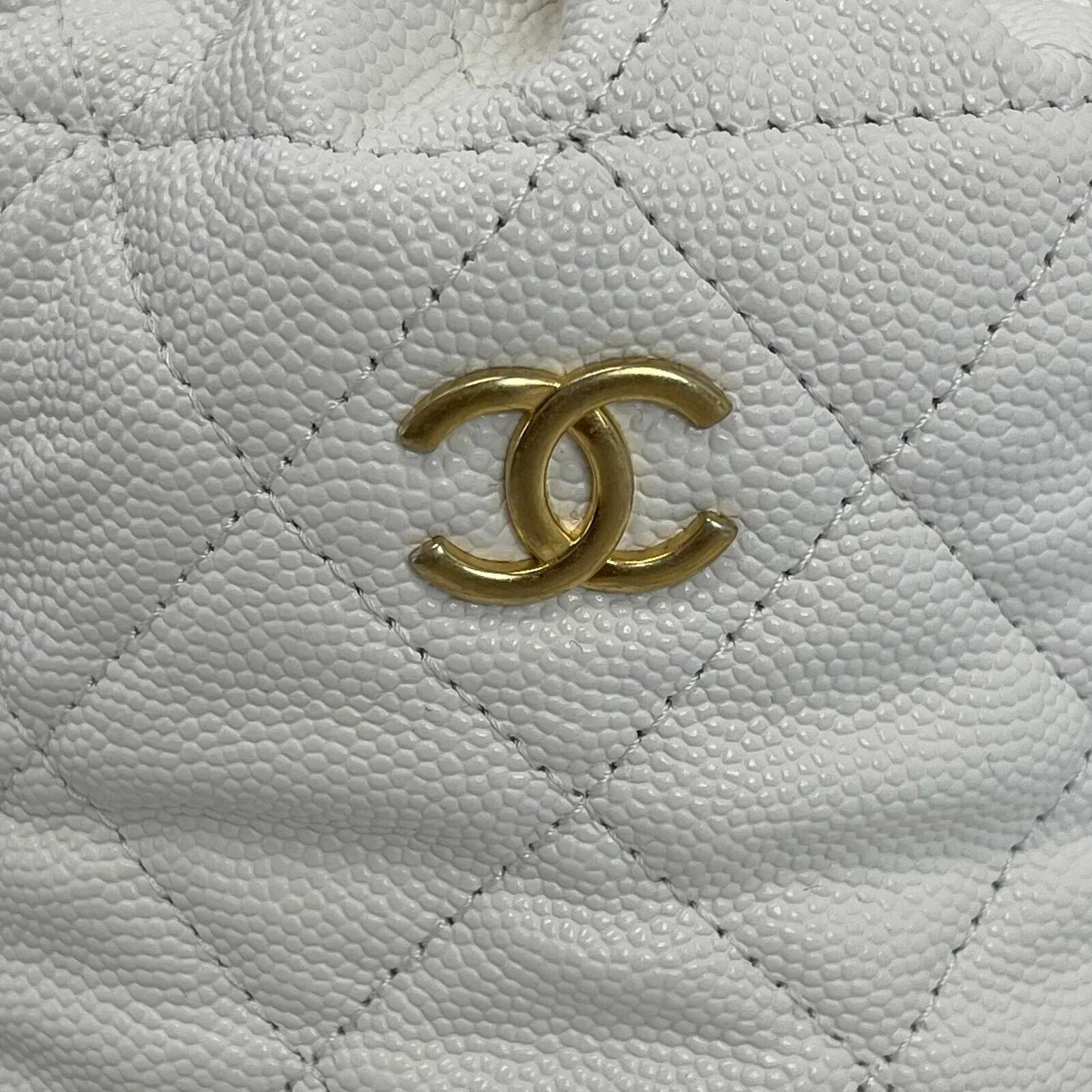CHANEL - NEW Mini Bucket Bag - White Cavier Leather / God 10 Coins CC Crossbody