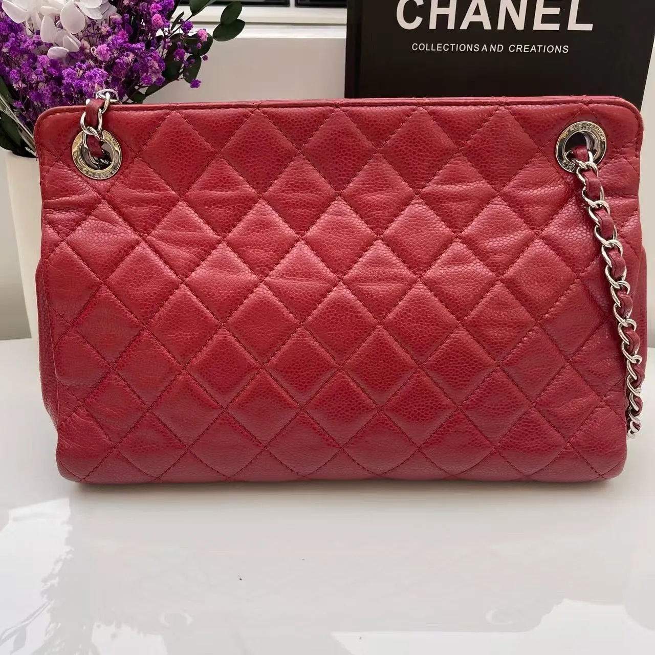 Chanel Quilted CC Red Leather Tote Bag