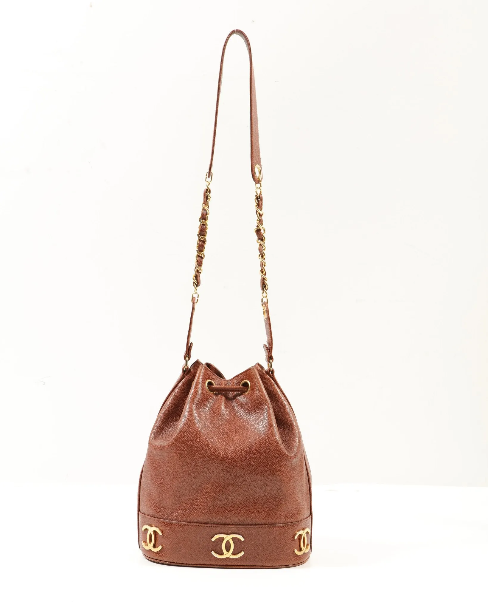 Chanel Vintage Brown Caviar Leather CC Drawstring Bucket Bag