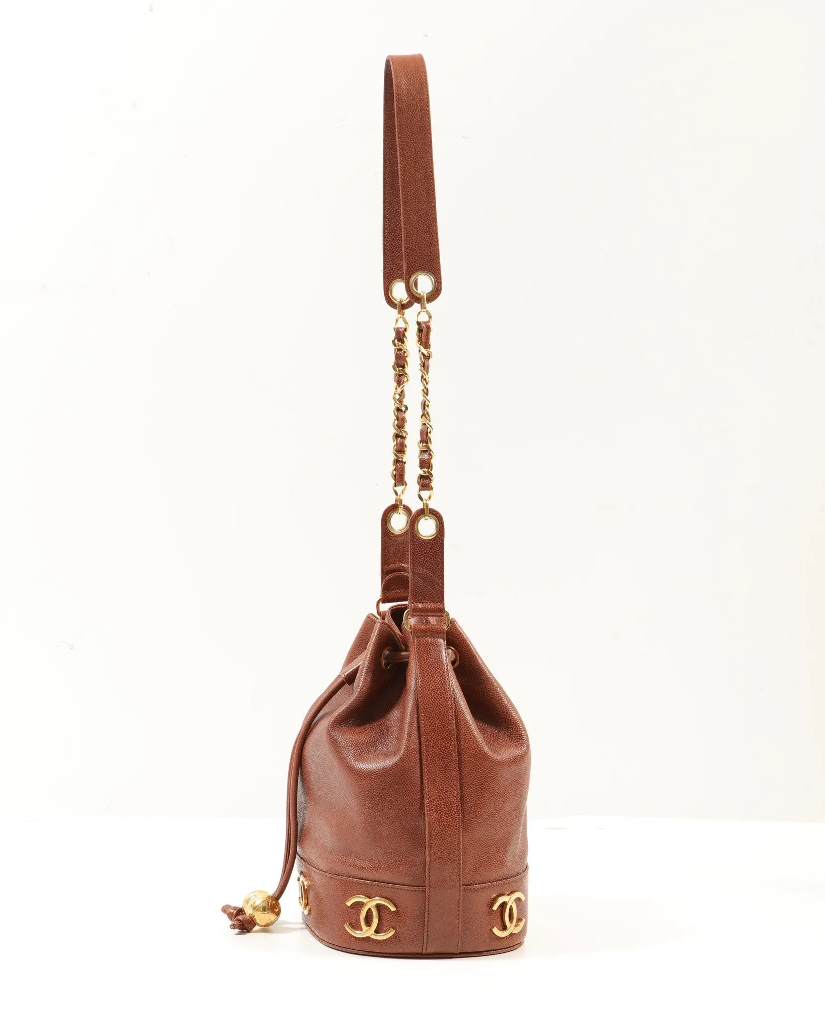 Chanel Vintage Brown Caviar Leather CC Drawstring Bucket Bag