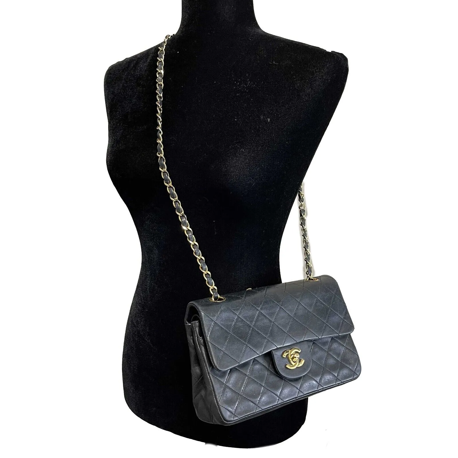 CHANEL- Vintage Medium Classic Double Flap - Black Shoulder Bag / Crossbody