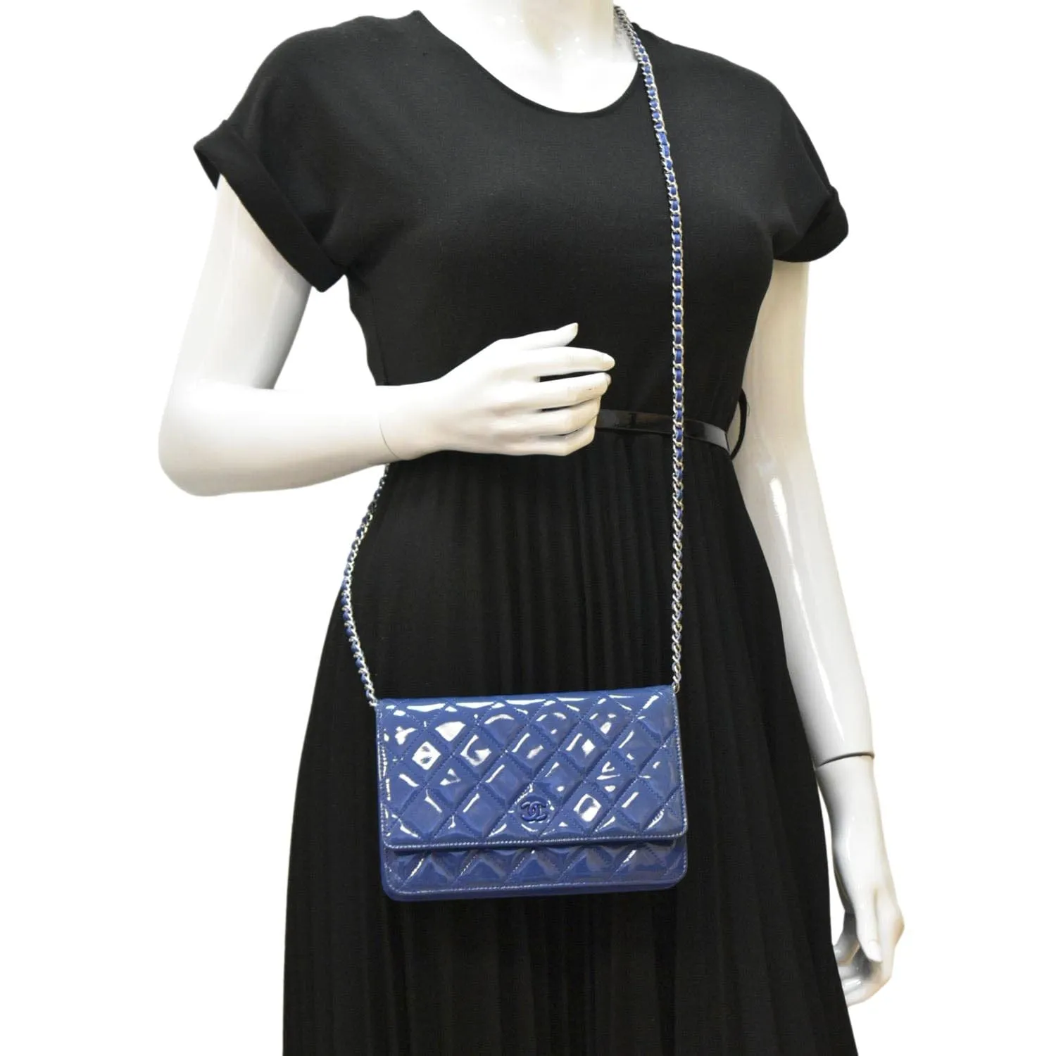 CHANEL WOC Quilted Patent Leather Crossbody Bag Blue