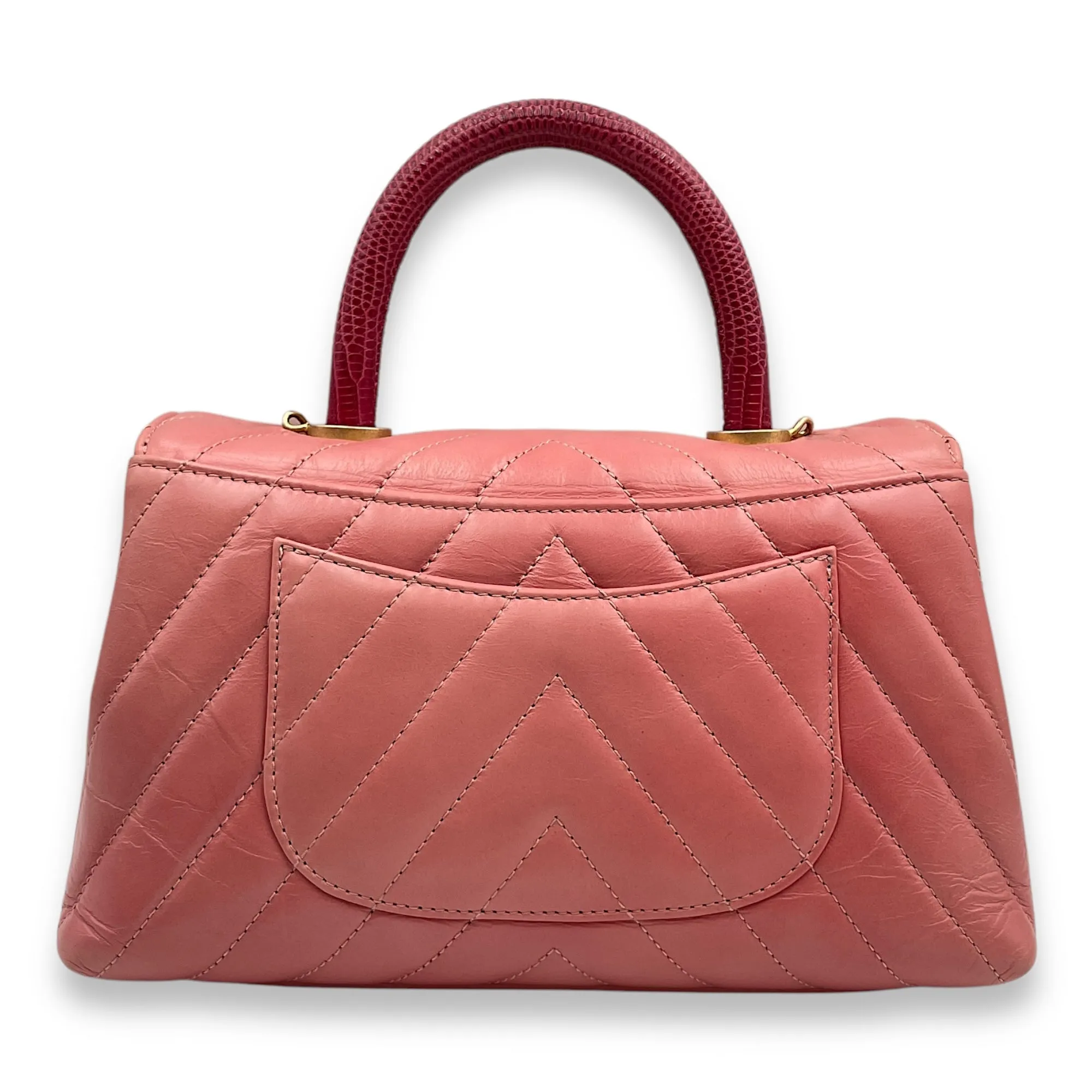 Chevron Coco Handle Small Pink Crossbody Bag in Calf, Lizard Handle, Gold hardware
