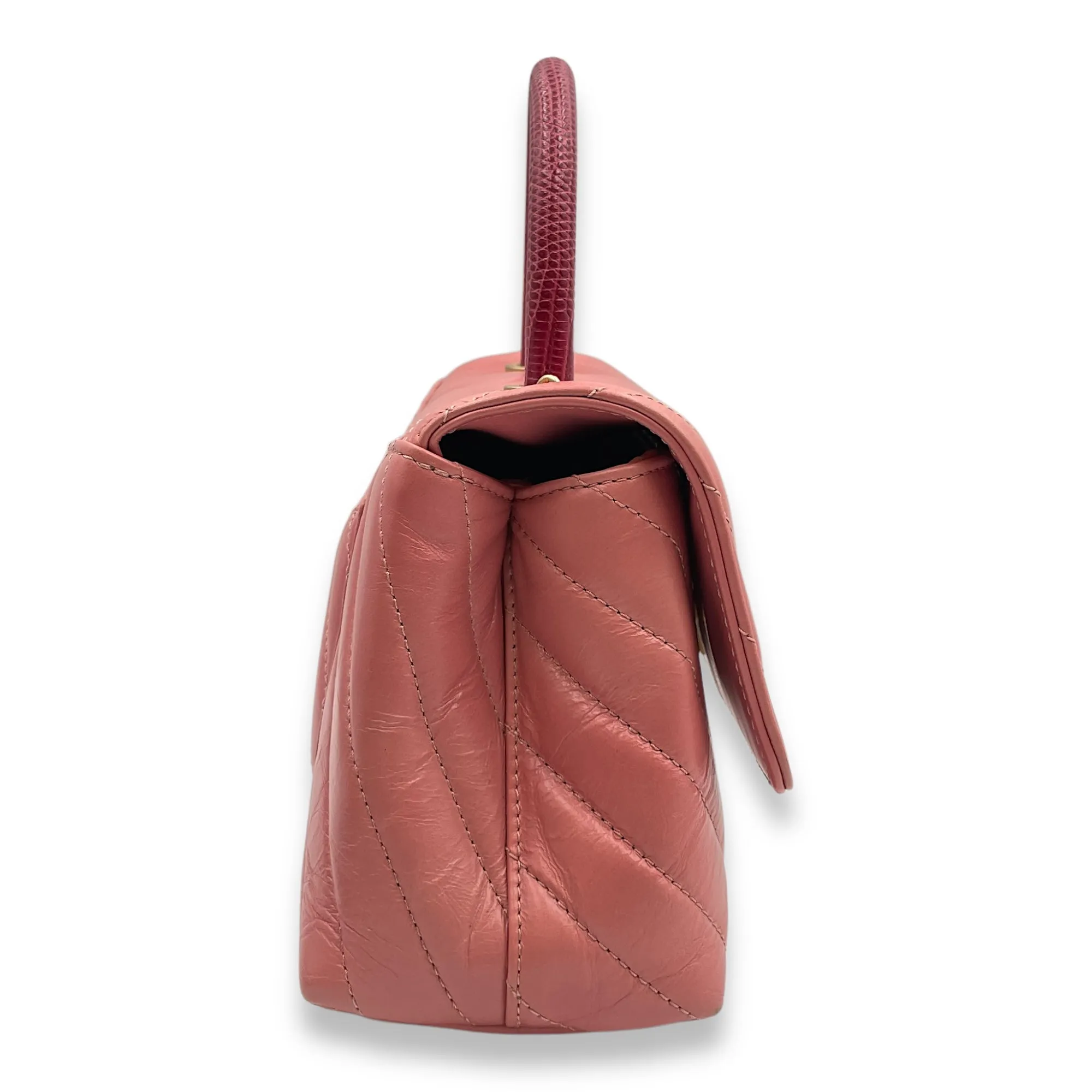 Chevron Coco Handle Small Pink Crossbody Bag in Calf, Lizard Handle, Gold hardware