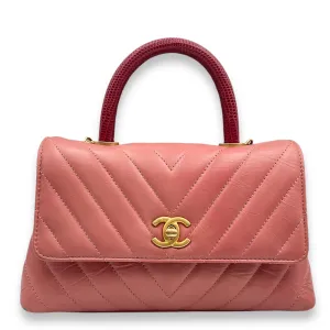 Chevron Coco Handle Small Pink Crossbody Bag in Calf, Lizard Handle, Gold hardware