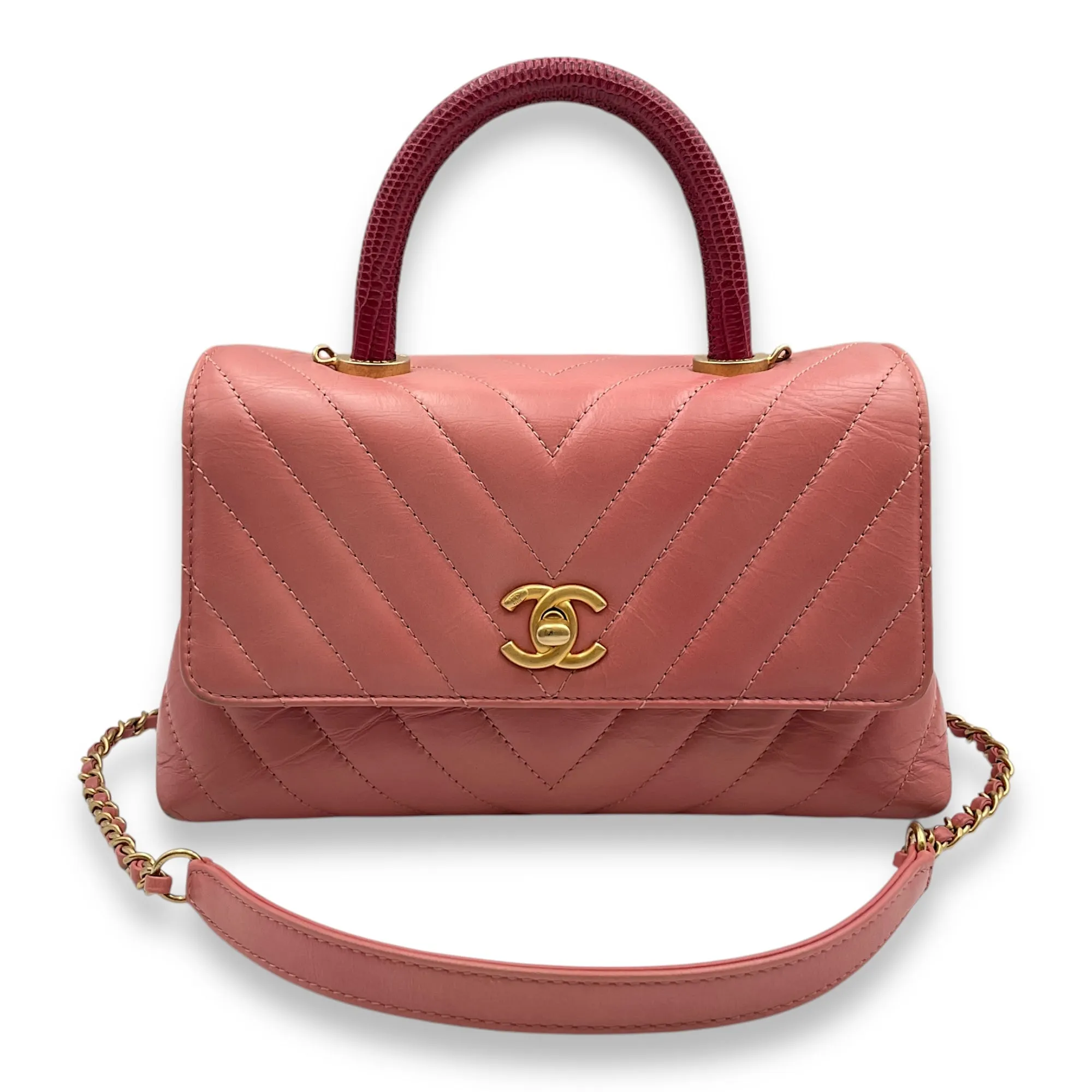 Chevron Coco Handle Small Pink Crossbody Bag in Calf, Lizard Handle, Gold hardware