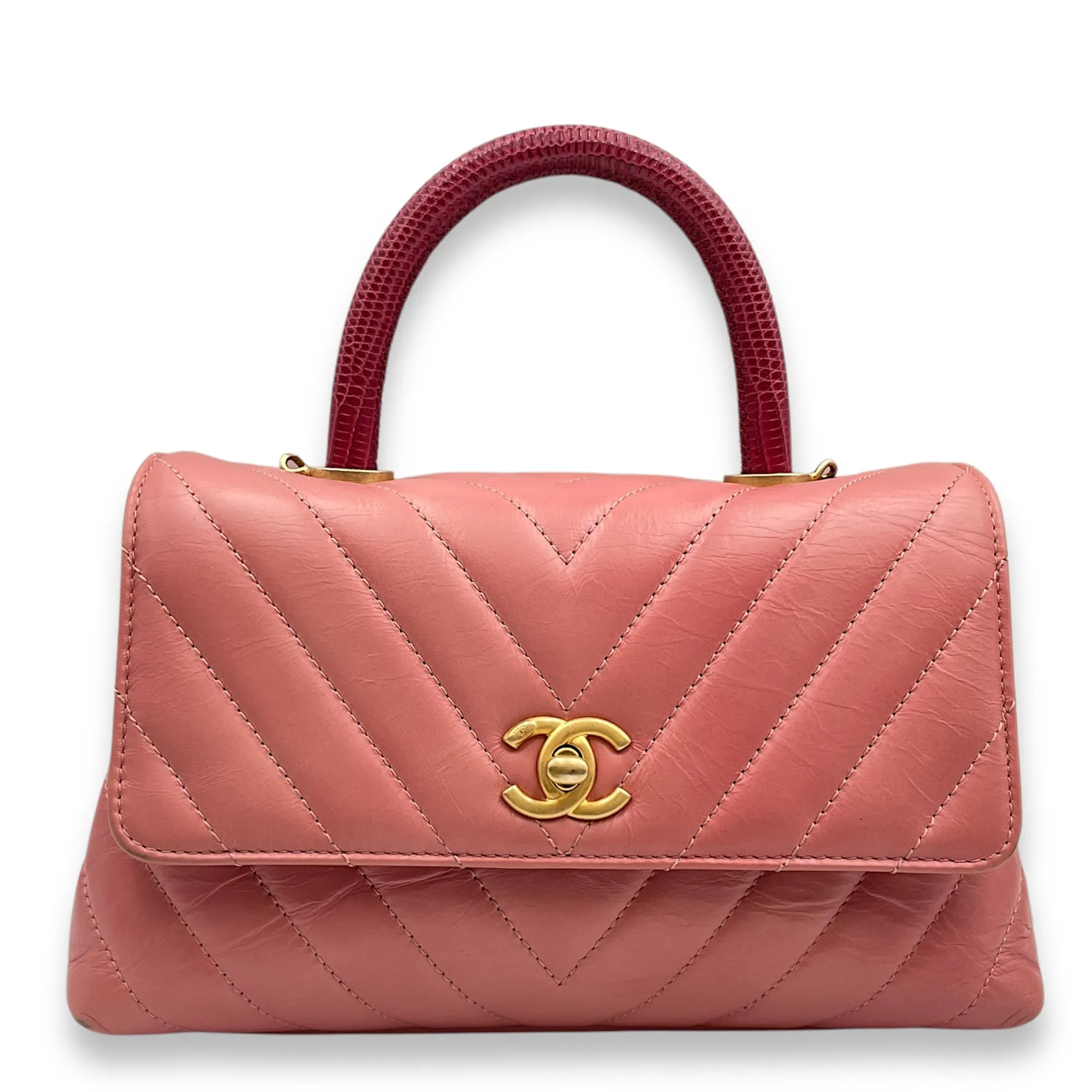 Chevron Coco Handle Small Pink Crossbody Bag in Calf, Lizard Handle, Gold hardware