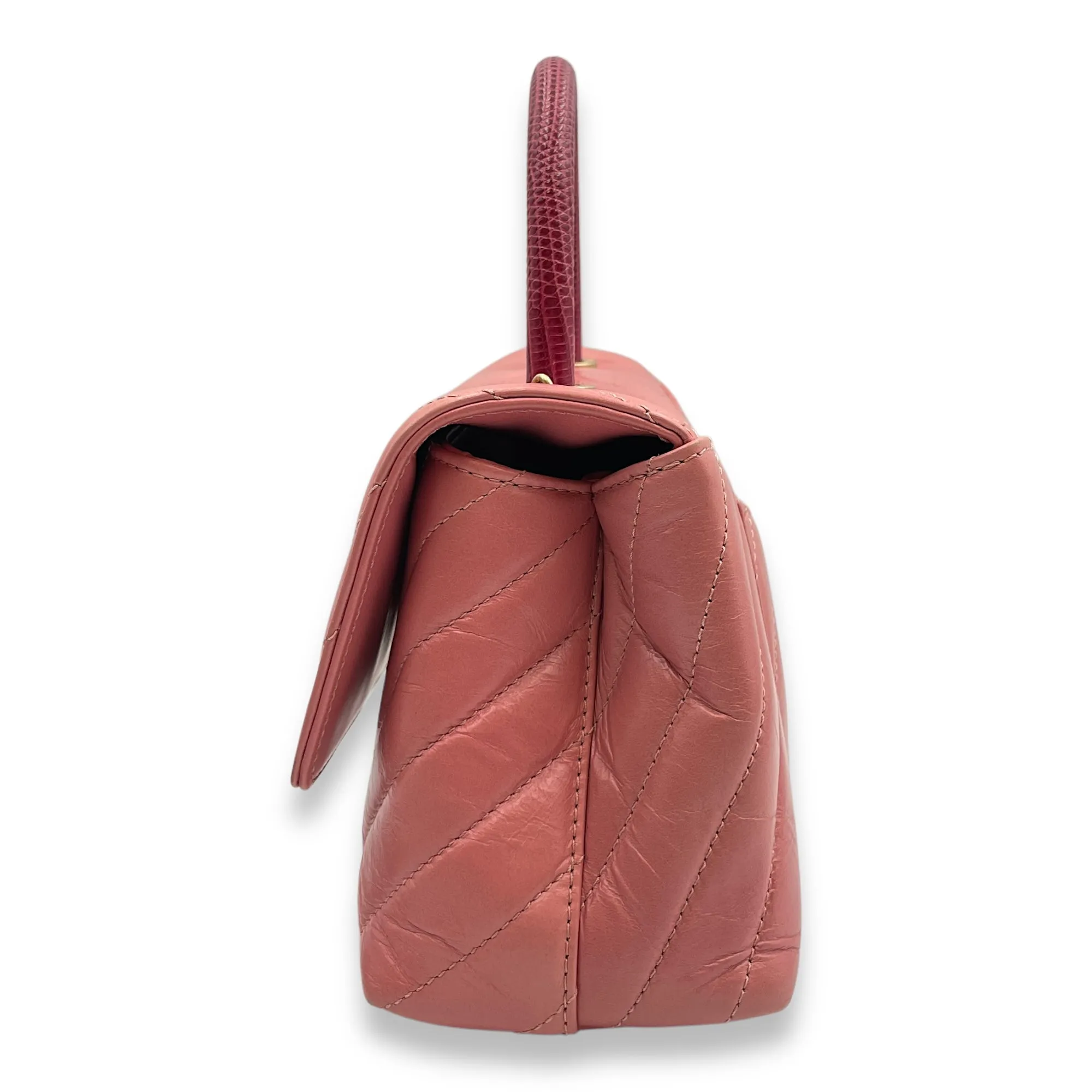 Chevron Coco Handle Small Pink Crossbody Bag in Calf, Lizard Handle, Gold hardware