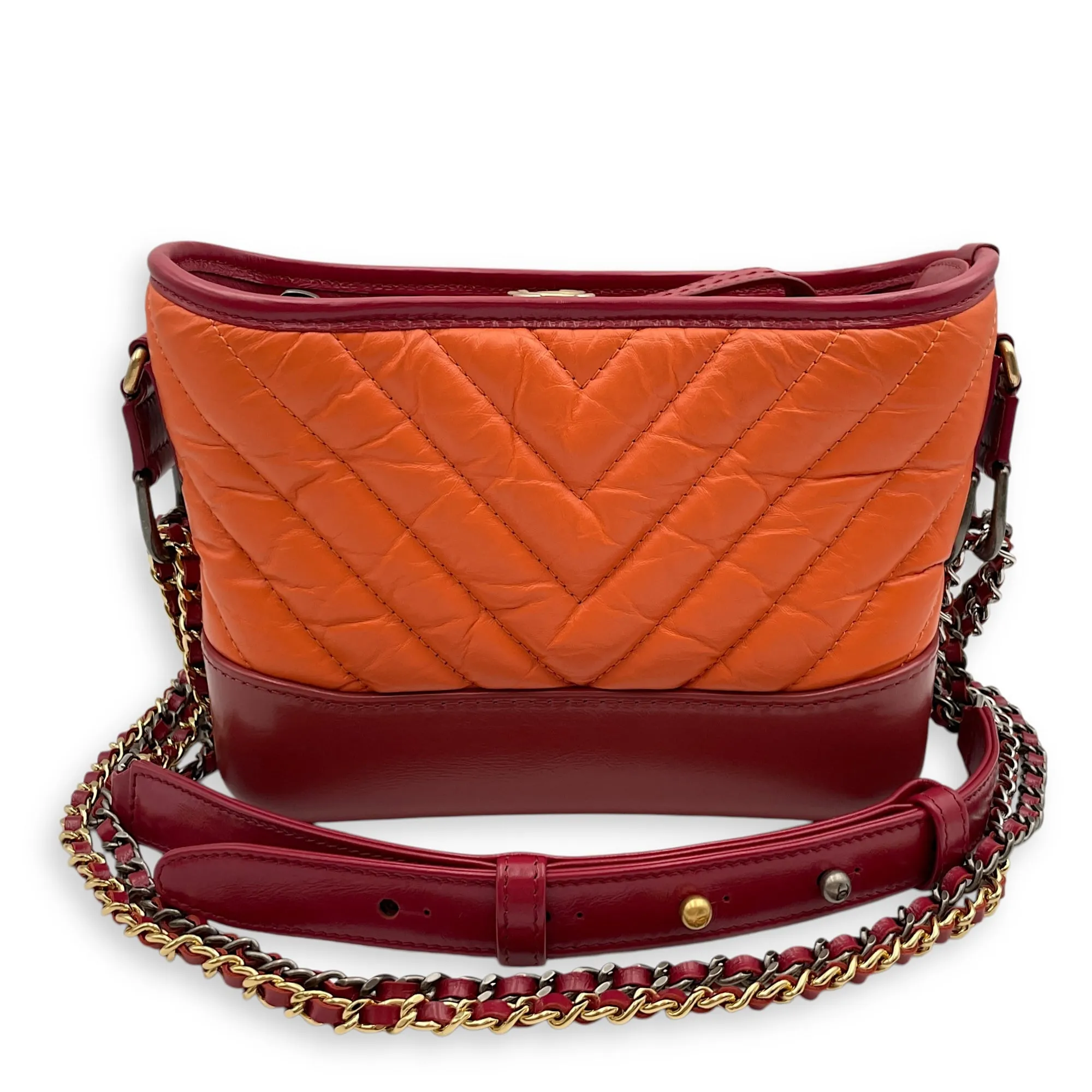 Chevron Gabrielle Small Red, Orange Crossbody Bag in Distressed Leather, 3-Tone hardware