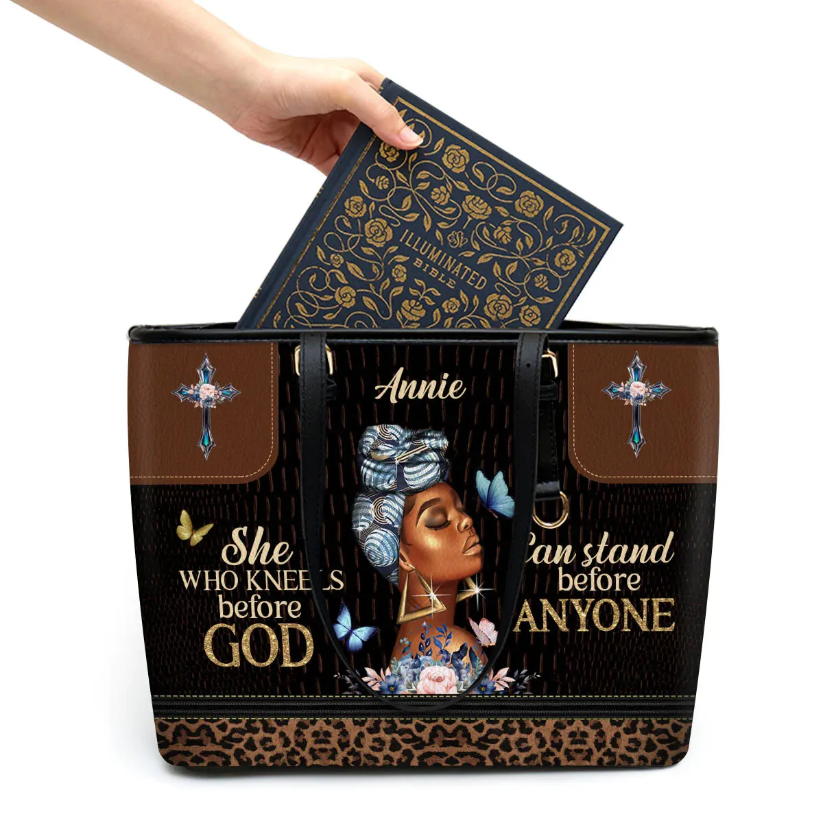 Christianart Designer Handbags, She Who Kneels Before God Can Stand Before Anyone, Personalized Gifts, Gifts for Women.