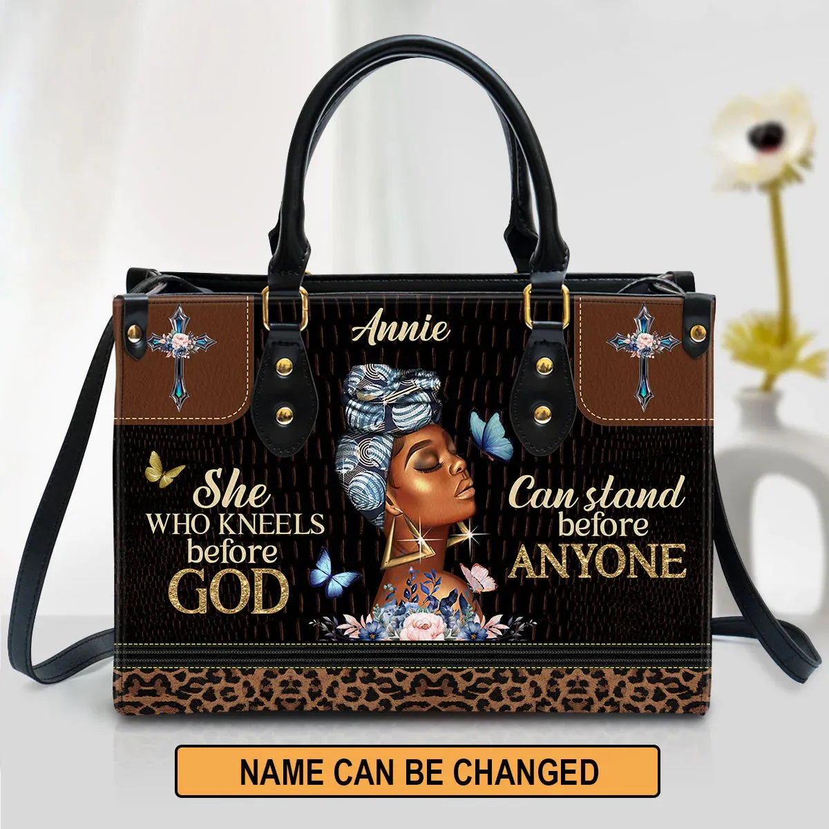 Christianart Designer Handbags, She Who Kneels Before God Can Stand Before Anyone, Personalized Gifts, Gifts for Women.